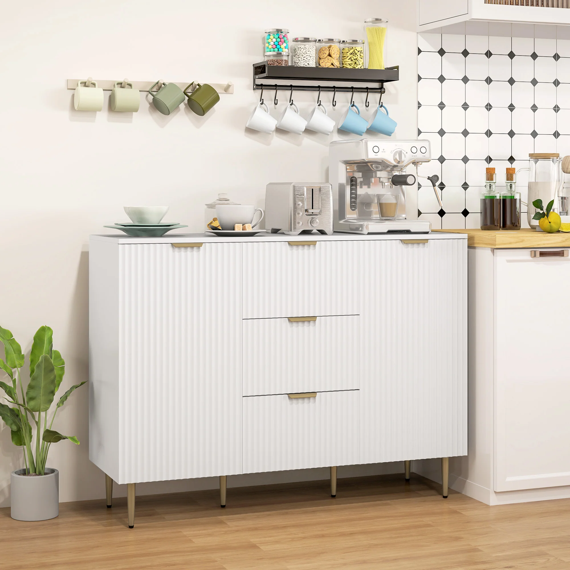 Modern Fluted Sideboard Cabinet with 3 Drawers & Metal Legs, White - Image 4
