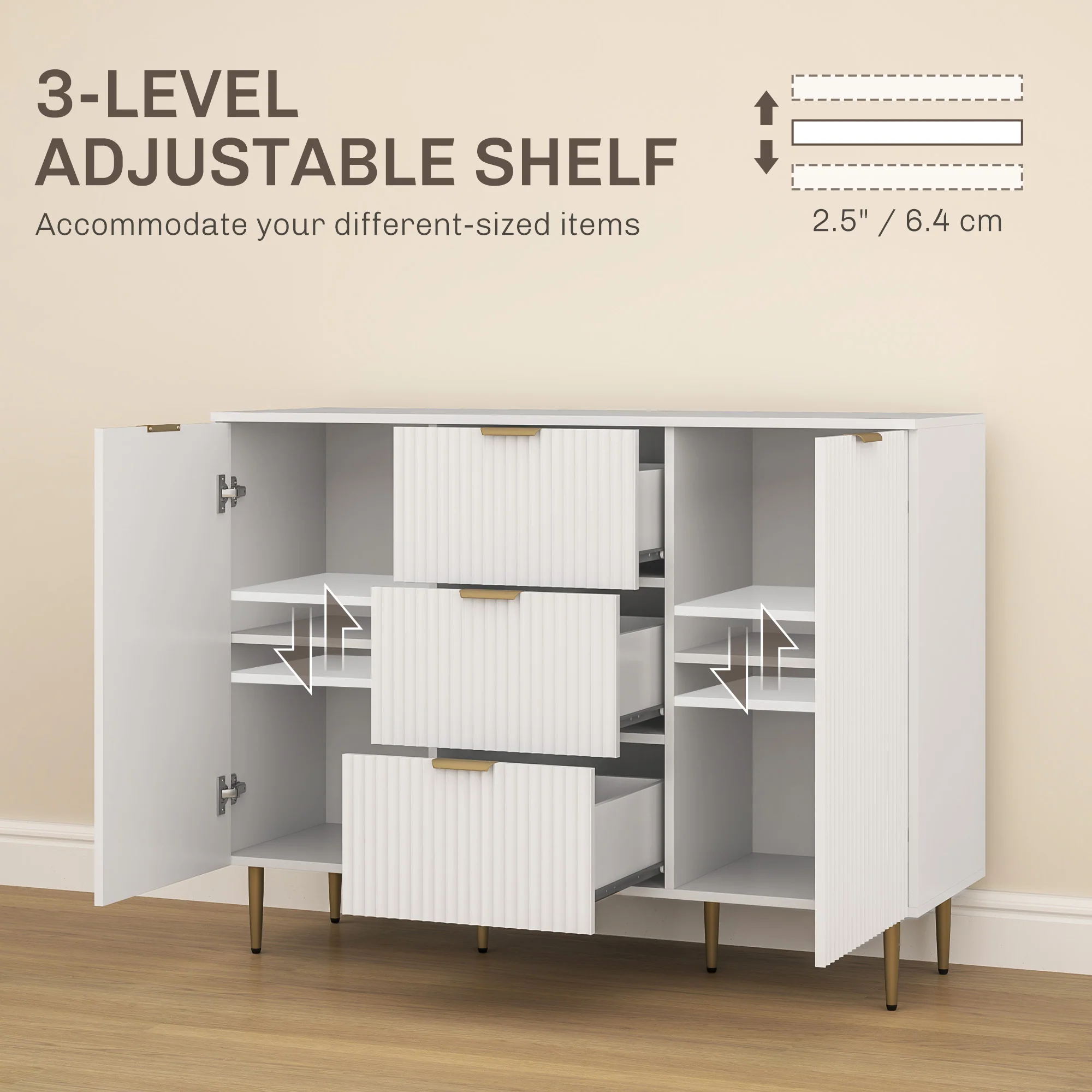 Modern Fluted Sideboard Cabinet with 3 Drawers & Metal Legs, White - Image 7