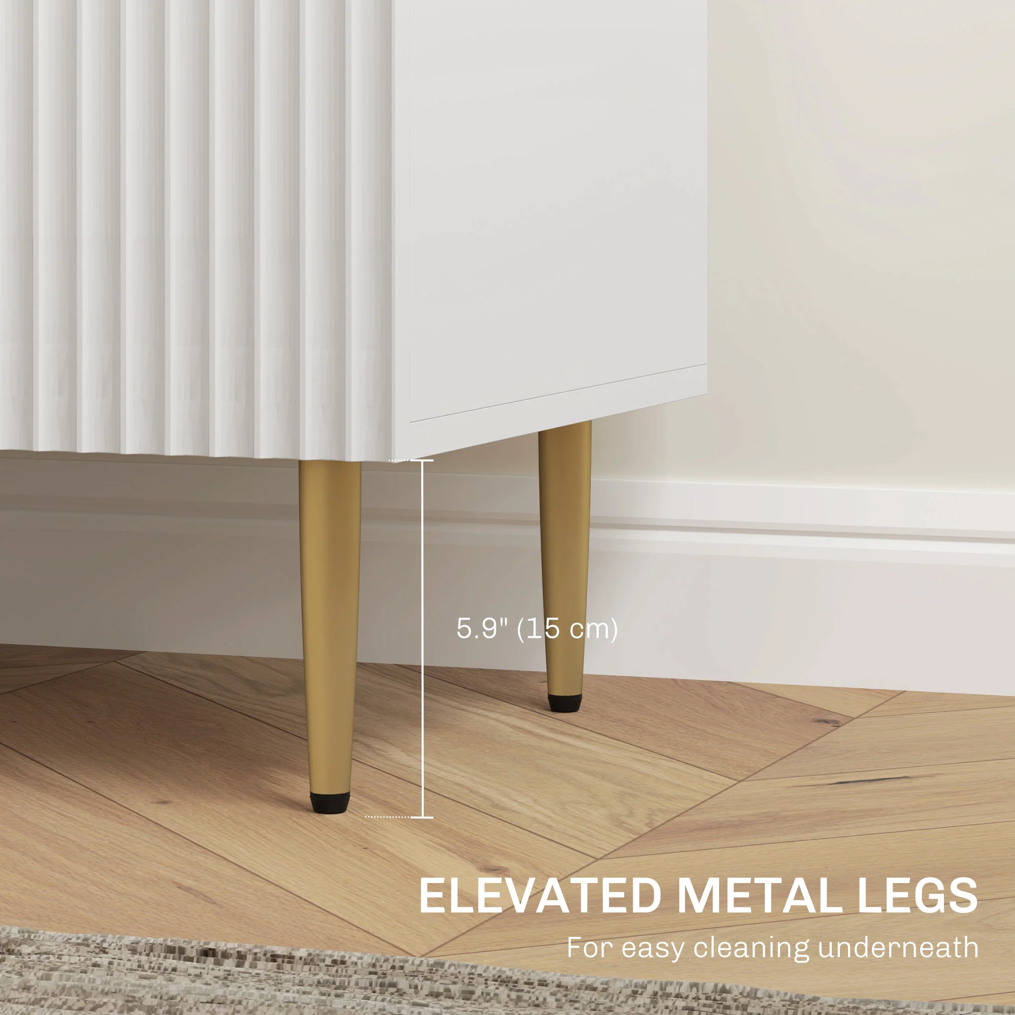 Modern Fluted Sideboard Cabinet with 3 Drawers & Metal Legs, White - Image 9