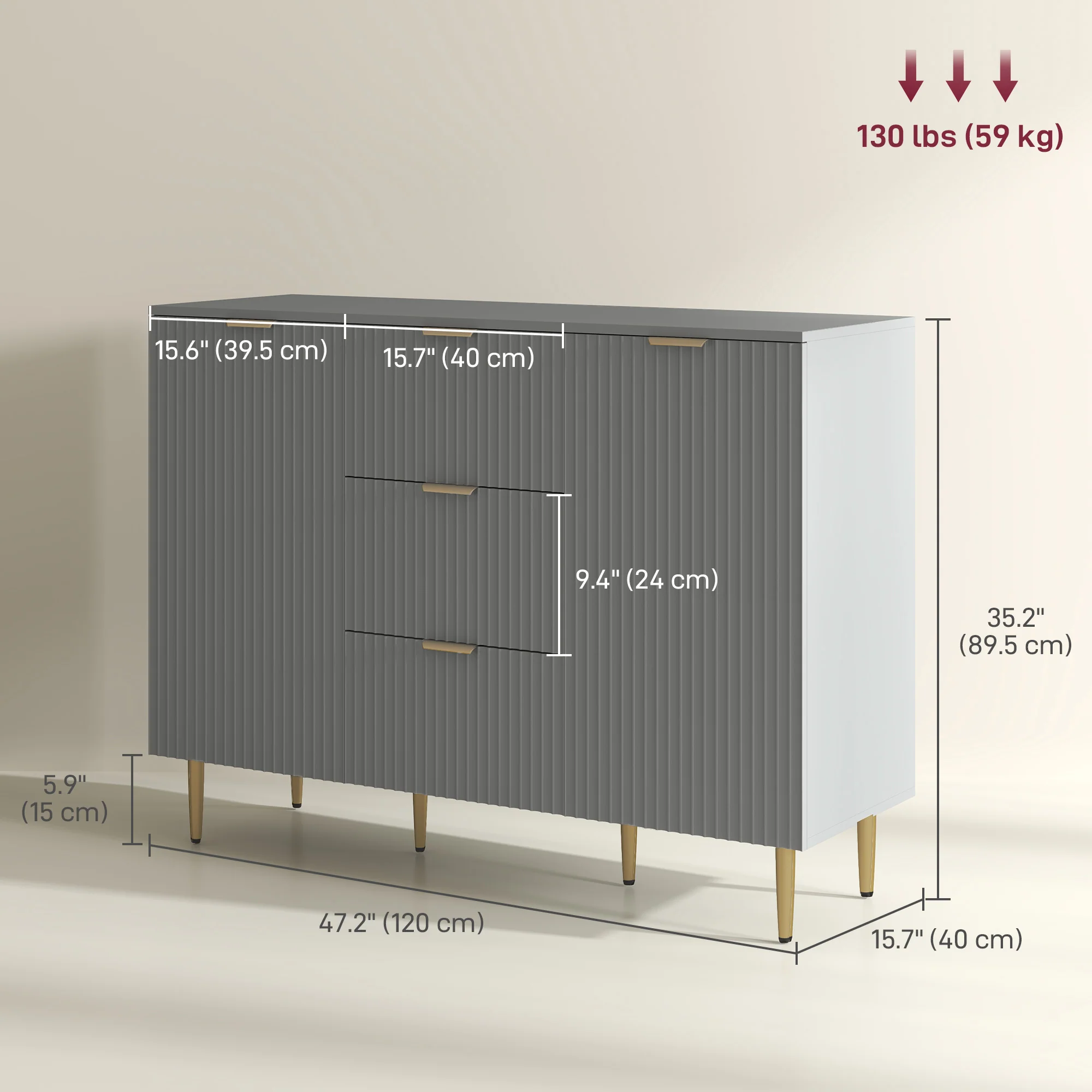 Modern Fluted Sideboard Cabinet with 3 Drawers & Metal Legs, Grey - Image 5