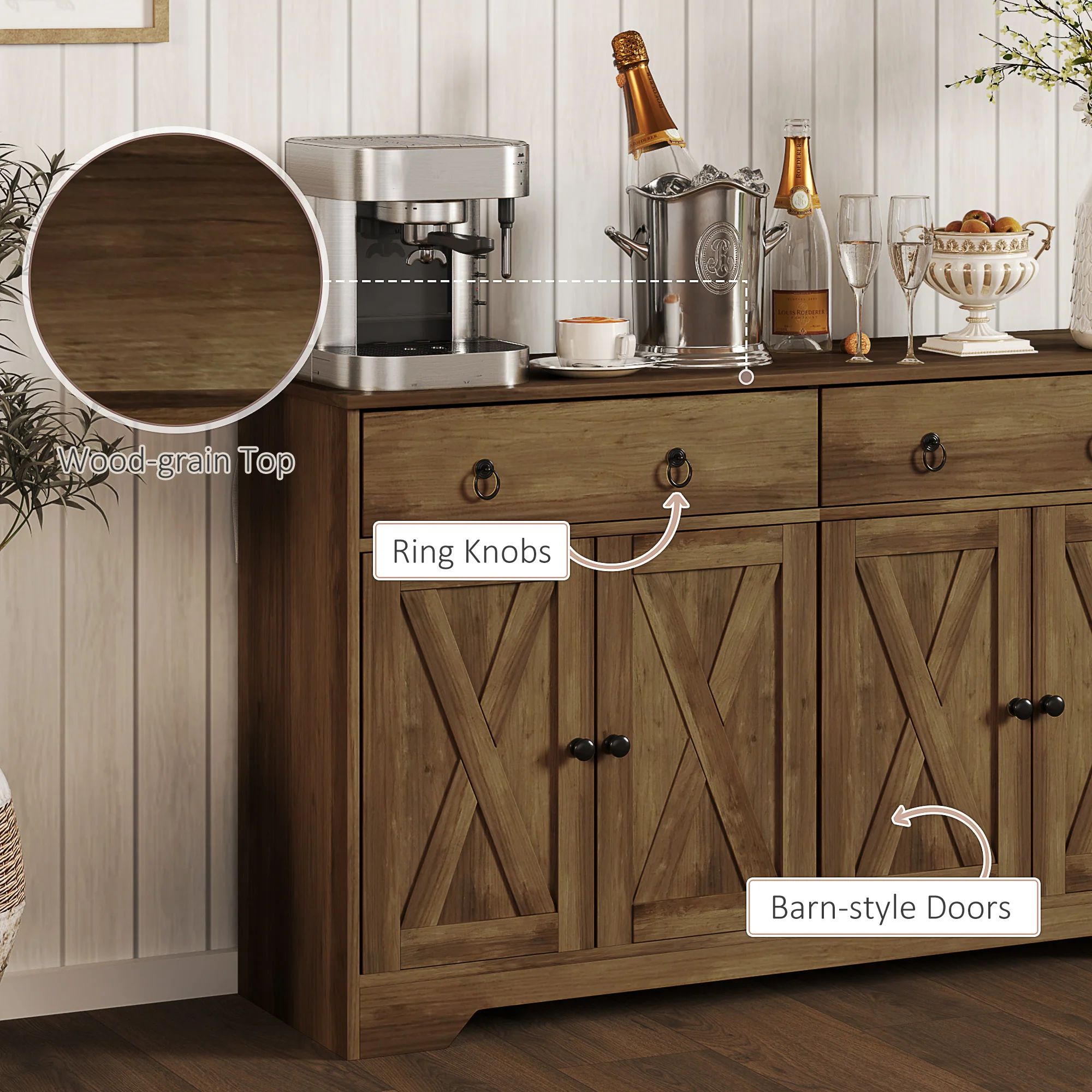 48" Storage Buffet Cabinet, Dining Sideboard Cabinet with Adjustable Shelves, Light Brown - Image 8