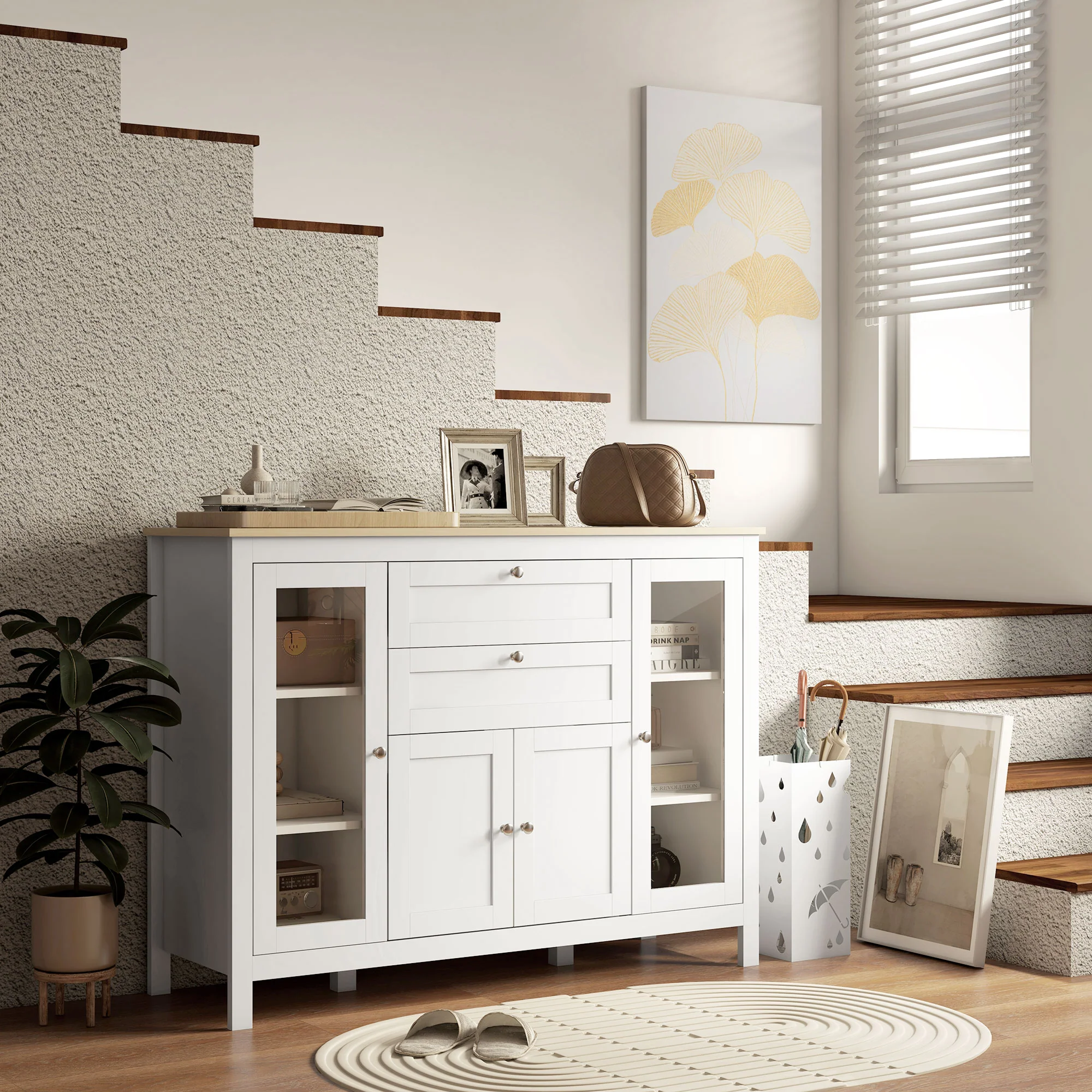 Sideboard Buffet with 2 Drawers 3 Storage Cabinets & Glass Doors, Oak White - Image 13