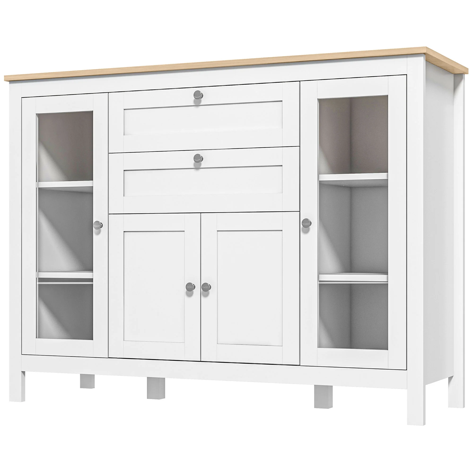 Sideboard Buffet with 2 Drawers 3 Storage Cabinets & Glass Doors, Oak White - Image 2