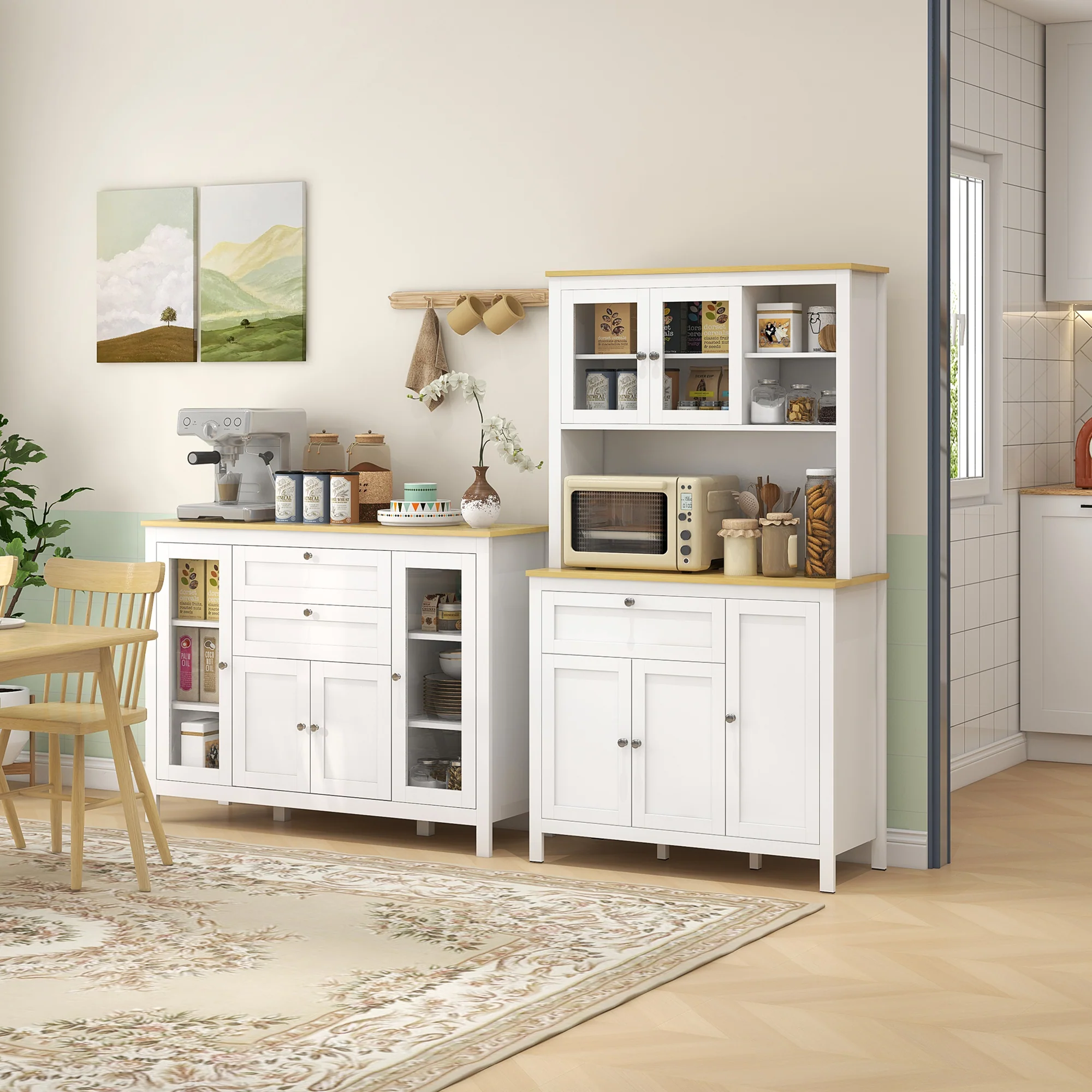 Sideboard Buffet with 2 Drawers 3 Storage Cabinets & Glass Doors, Oak White - Image 4