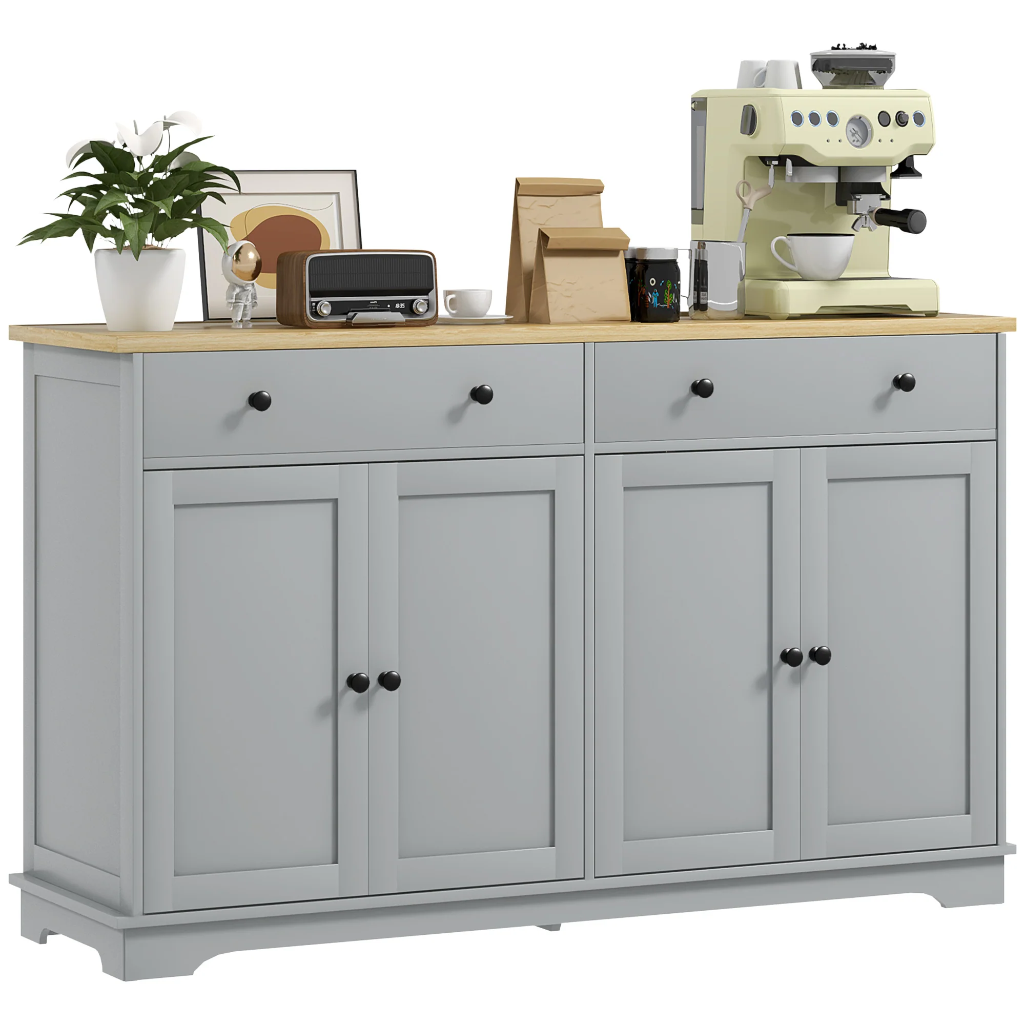 55" Sideboard Buffet Cabinet with 2 Drawers 4 Doors & Rubberwood Tabletop Grey