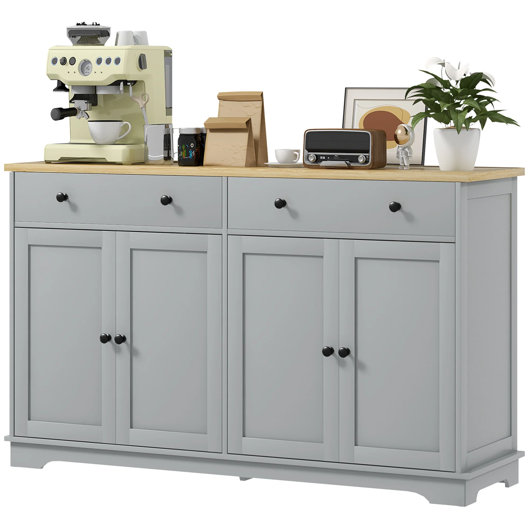 55" Sideboard Buffet Cabinet with 2 Drawers 4 Doors & Rubberwood Tabletop Grey - Image 2