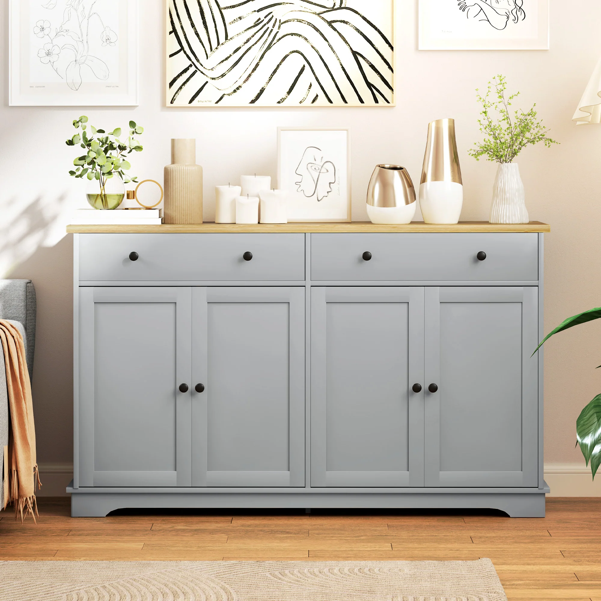 55" Sideboard Buffet Cabinet with 2 Drawers 4 Doors & Rubberwood Tabletop Grey - Image 3