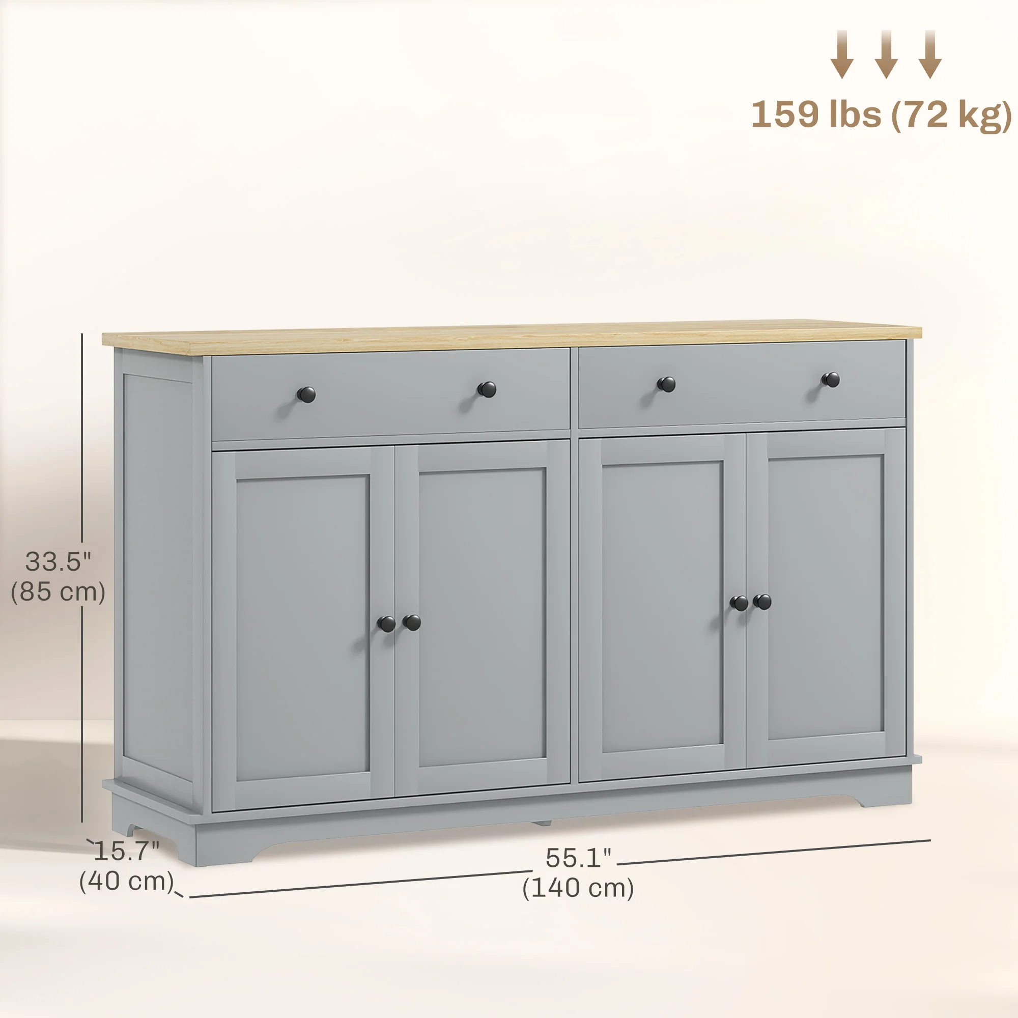 55" Sideboard Buffet Cabinet with 2 Drawers 4 Doors & Rubberwood Tabletop Grey - Image 5