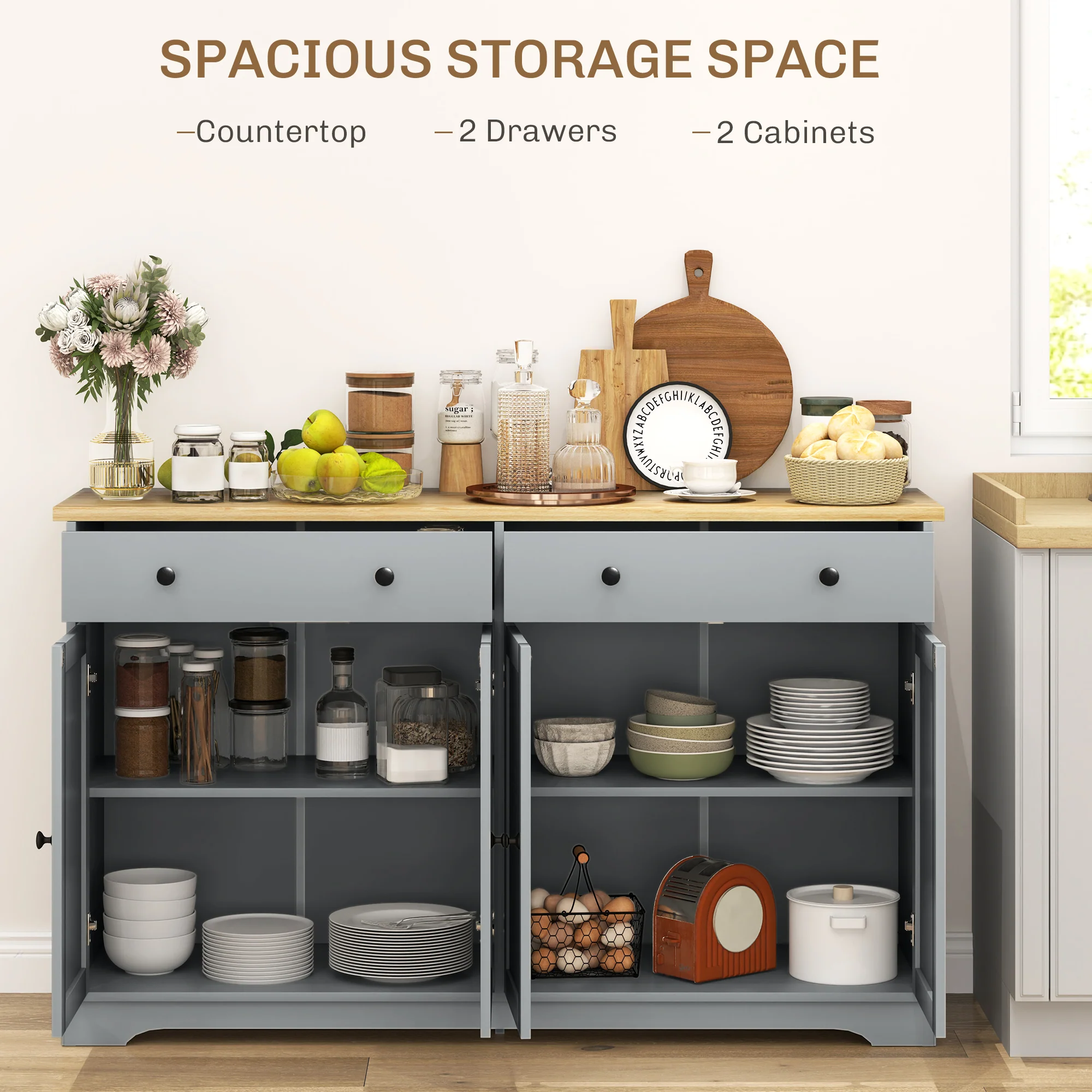 55" Sideboard Buffet Cabinet with 2 Drawers 4 Doors & Rubberwood Tabletop Grey - Image 6