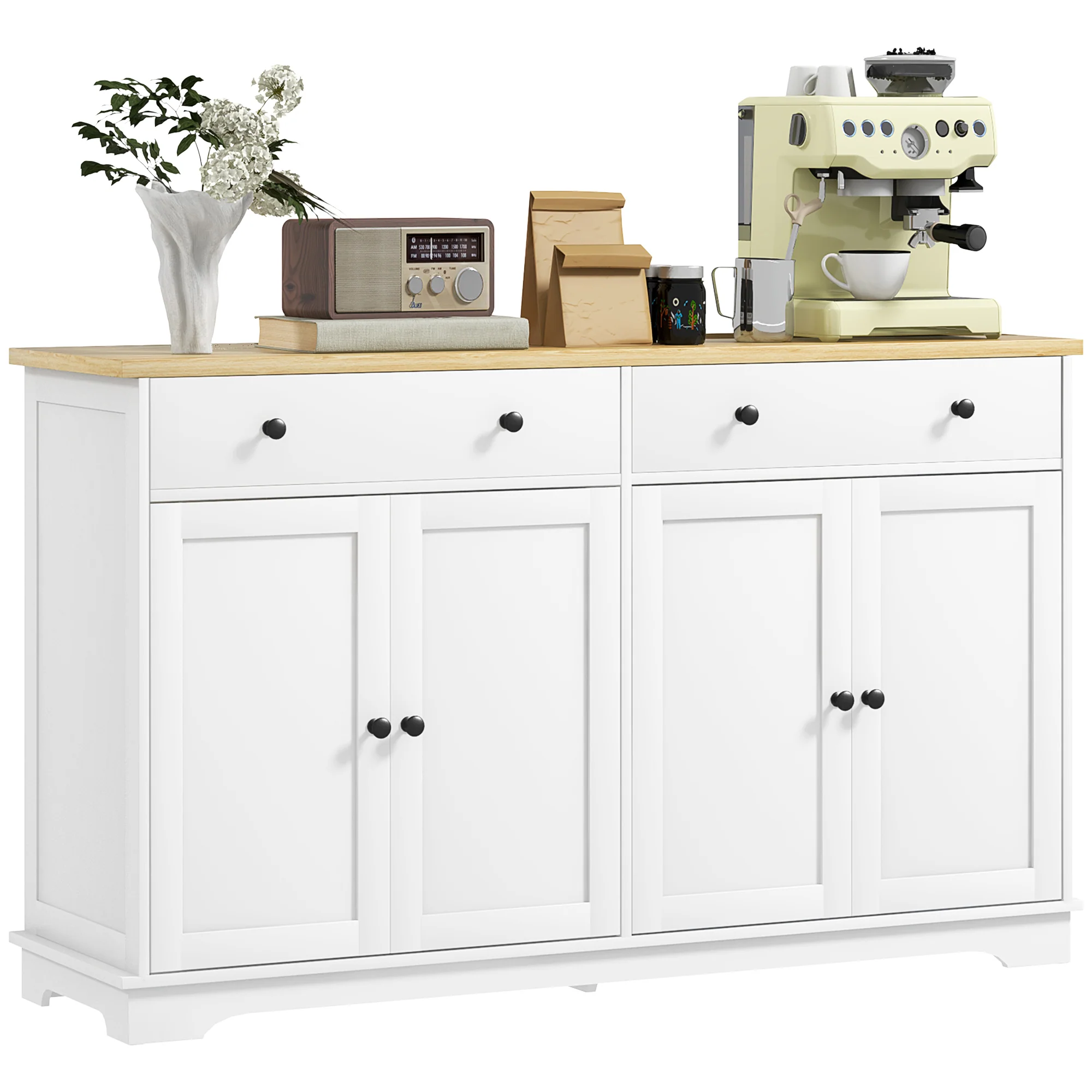 55" Sideboard Buffet Cabinet with 2 Drawers 4 Doors & Rubberwood Tabletop White