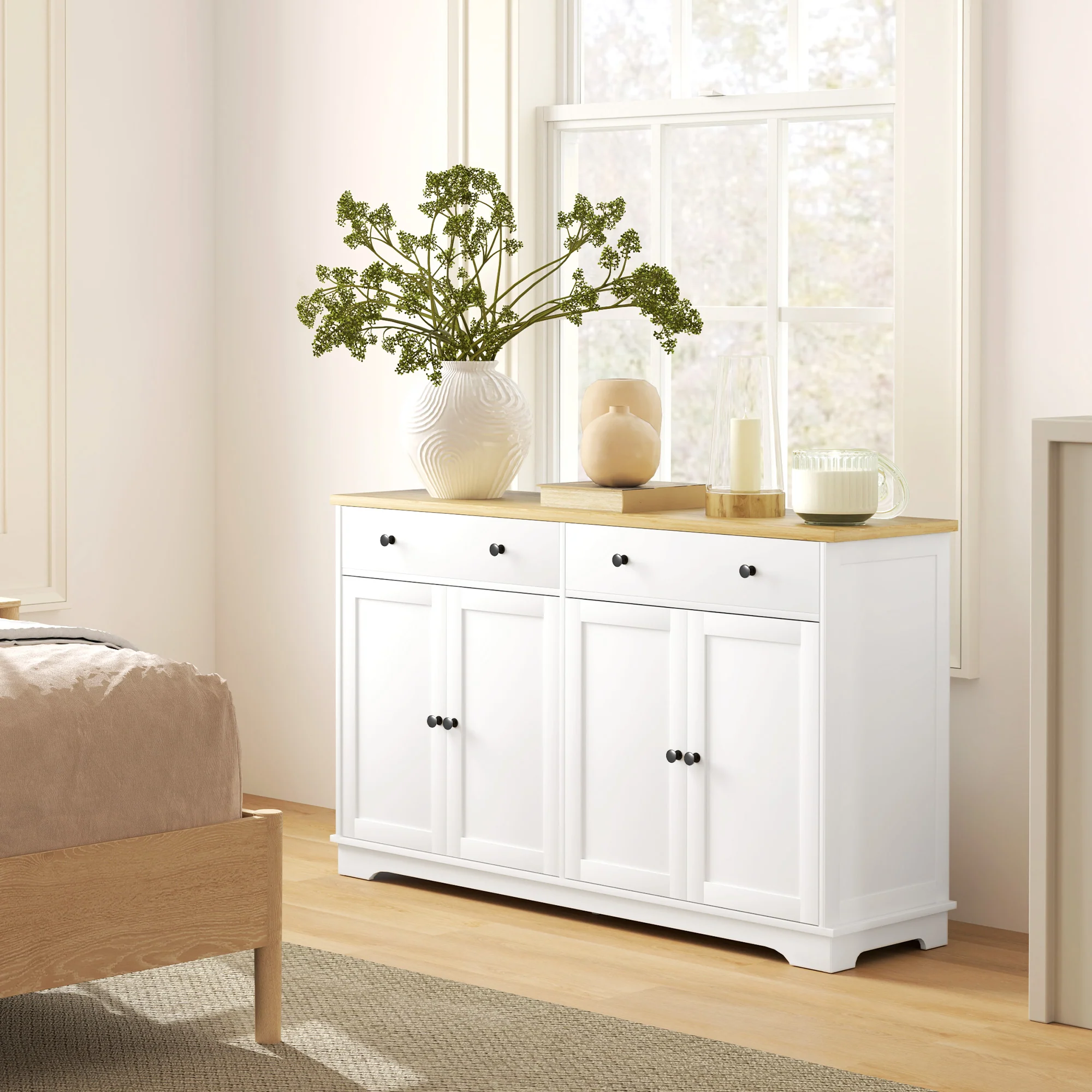 55" Sideboard Buffet Cabinet with 2 Drawers 4 Doors & Rubberwood Tabletop White - Image 11