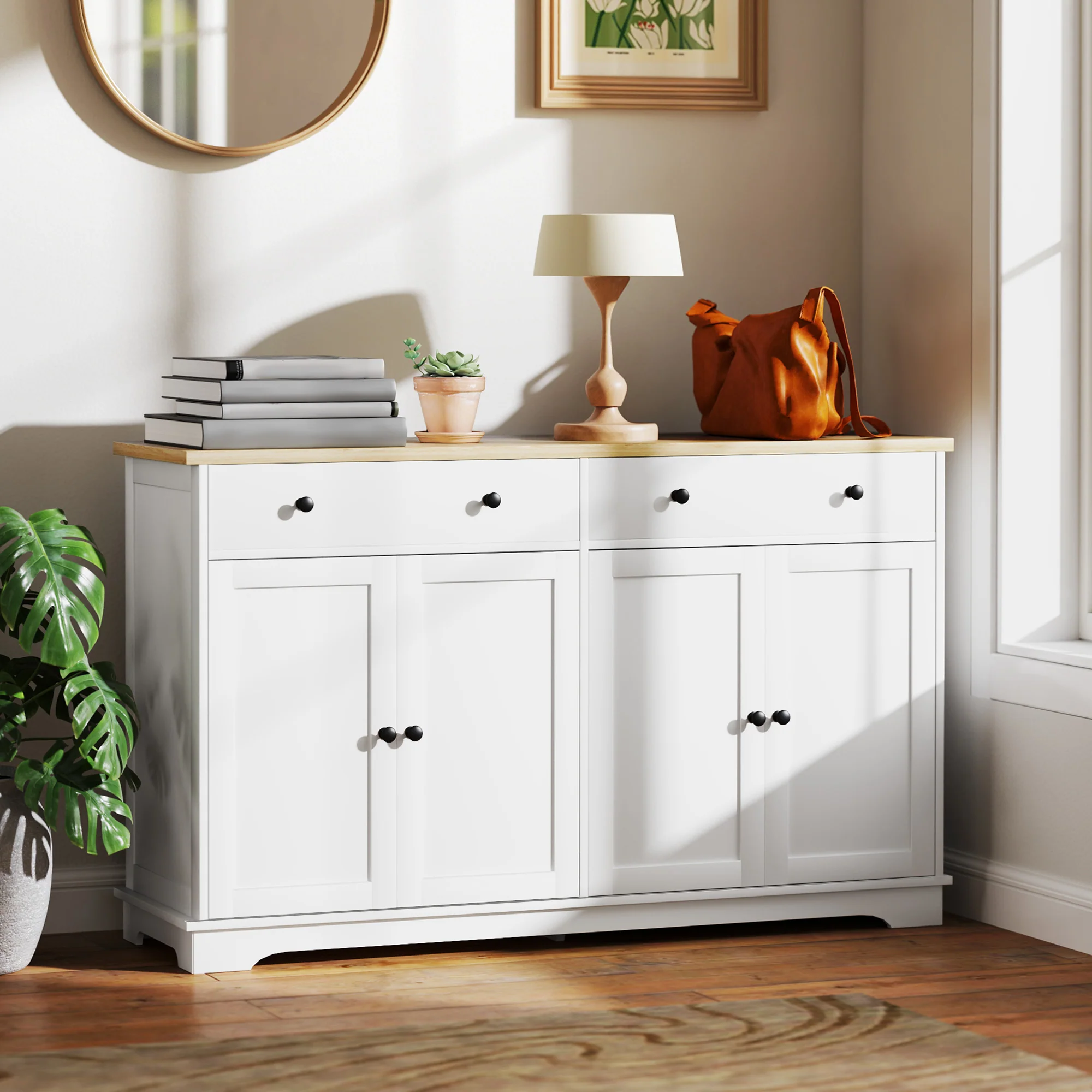 55" Sideboard Buffet Cabinet with 2 Drawers 4 Doors & Rubberwood Tabletop White - Image 4