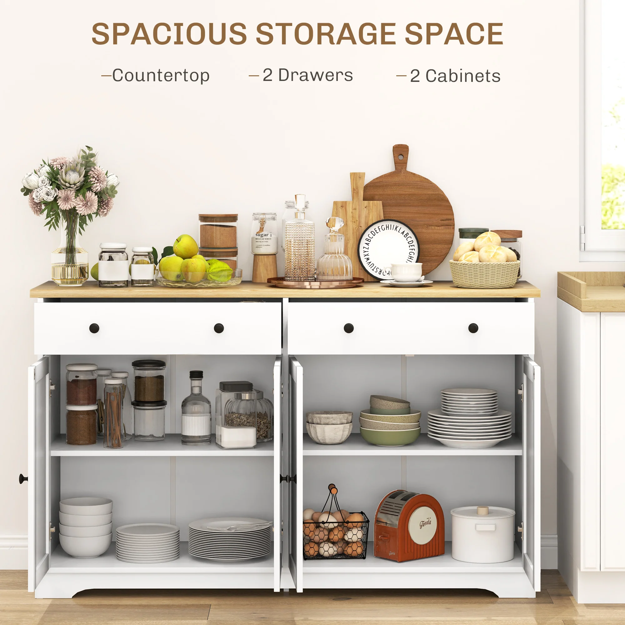 55" Sideboard Buffet Cabinet with 2 Drawers 4 Doors & Rubberwood Tabletop White - Image 6