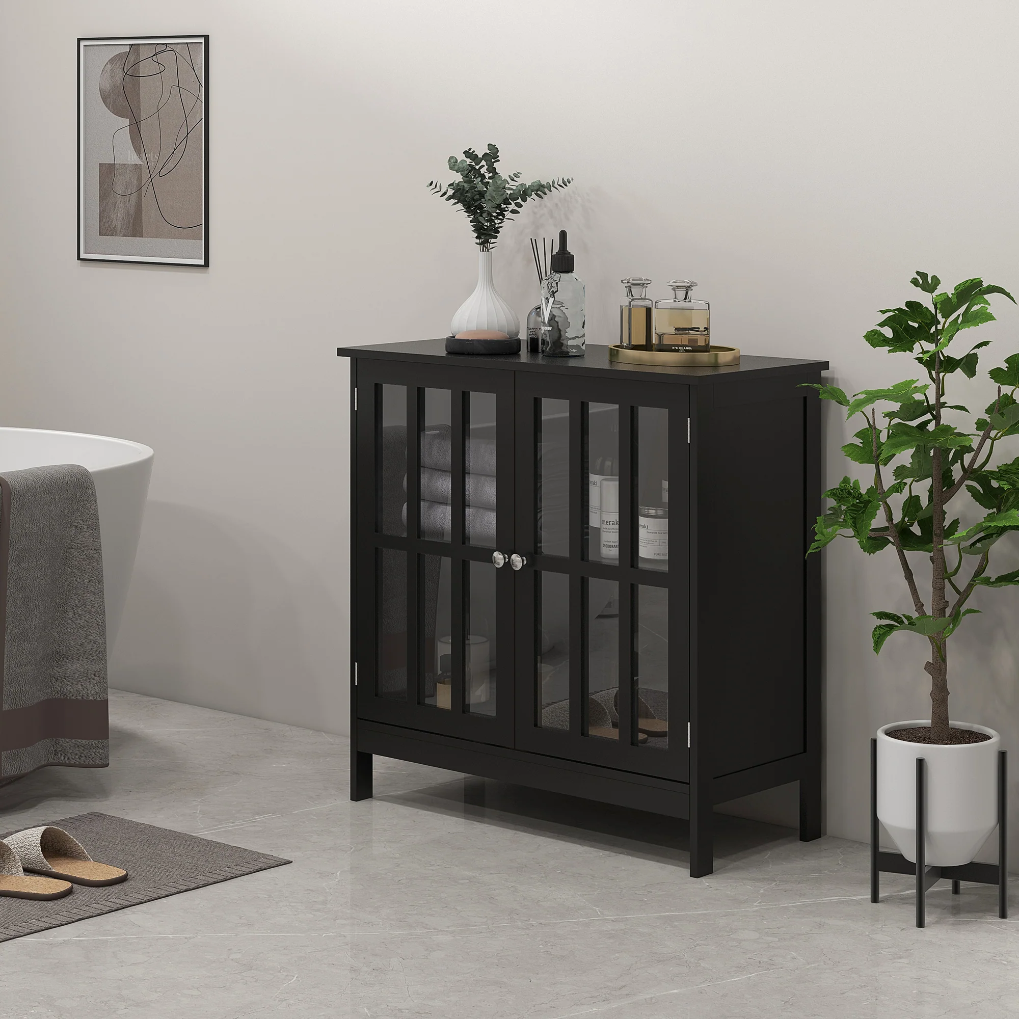2-Tier Sideboard Storage Cabinet with Transparent Doors for Kitchen, Bathroom, Black - Image 4