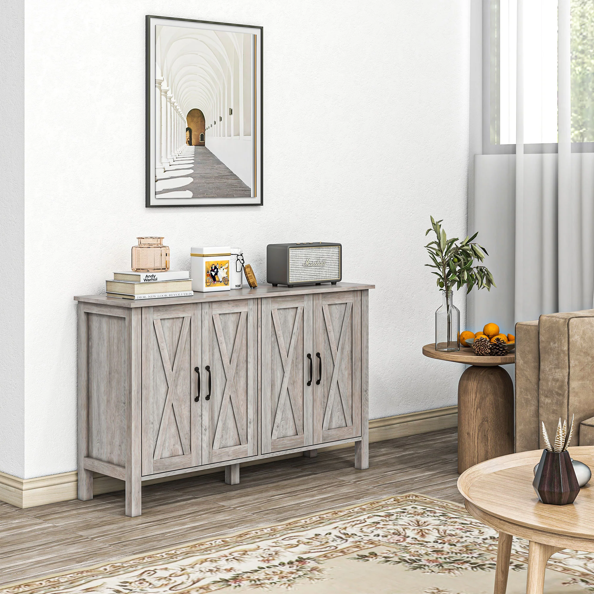 Kitchen Sideboard Buffet Cabinet w/ 4 Barn Doors & 2 Adjustable Shelves, Gray - Image 3