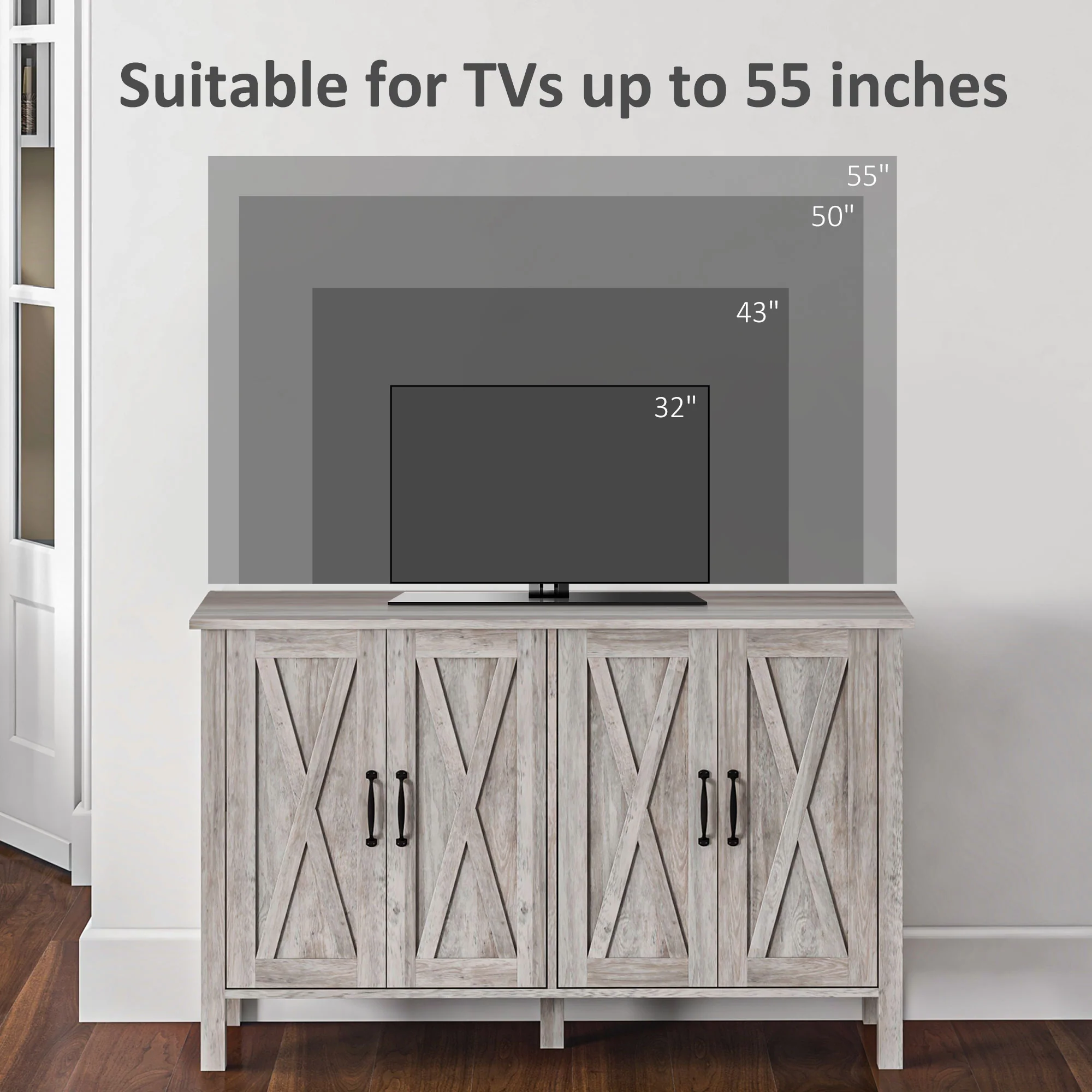 Kitchen Sideboard Buffet Cabinet w/ 4 Barn Doors & 2 Adjustable Shelves, Gray - Image 8