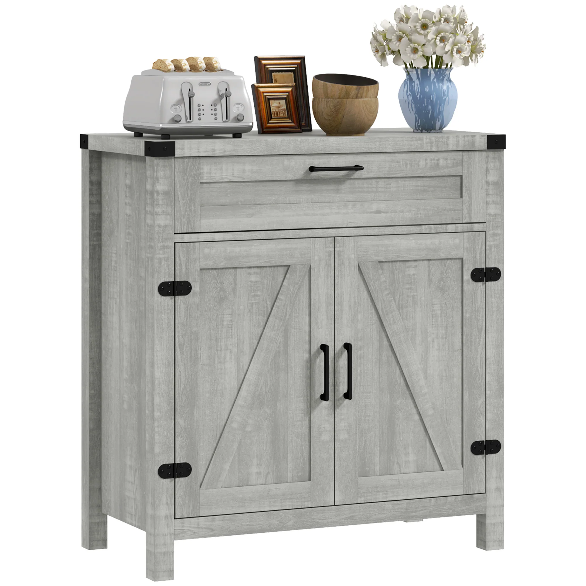 Farmhouse Sideboard with Rustic Barn Door & Drawer, Grey