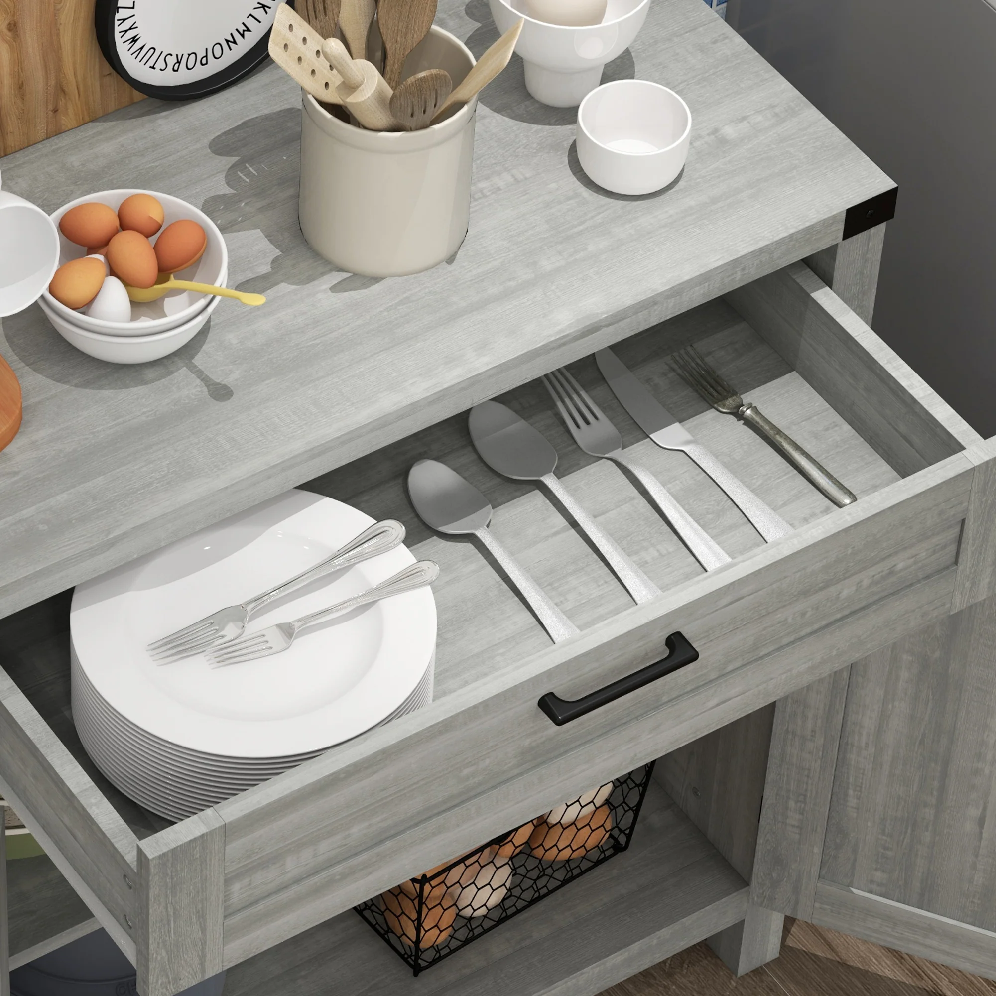 Farmhouse Sideboard with Rustic Barn Door & Drawer, Grey - Image 11