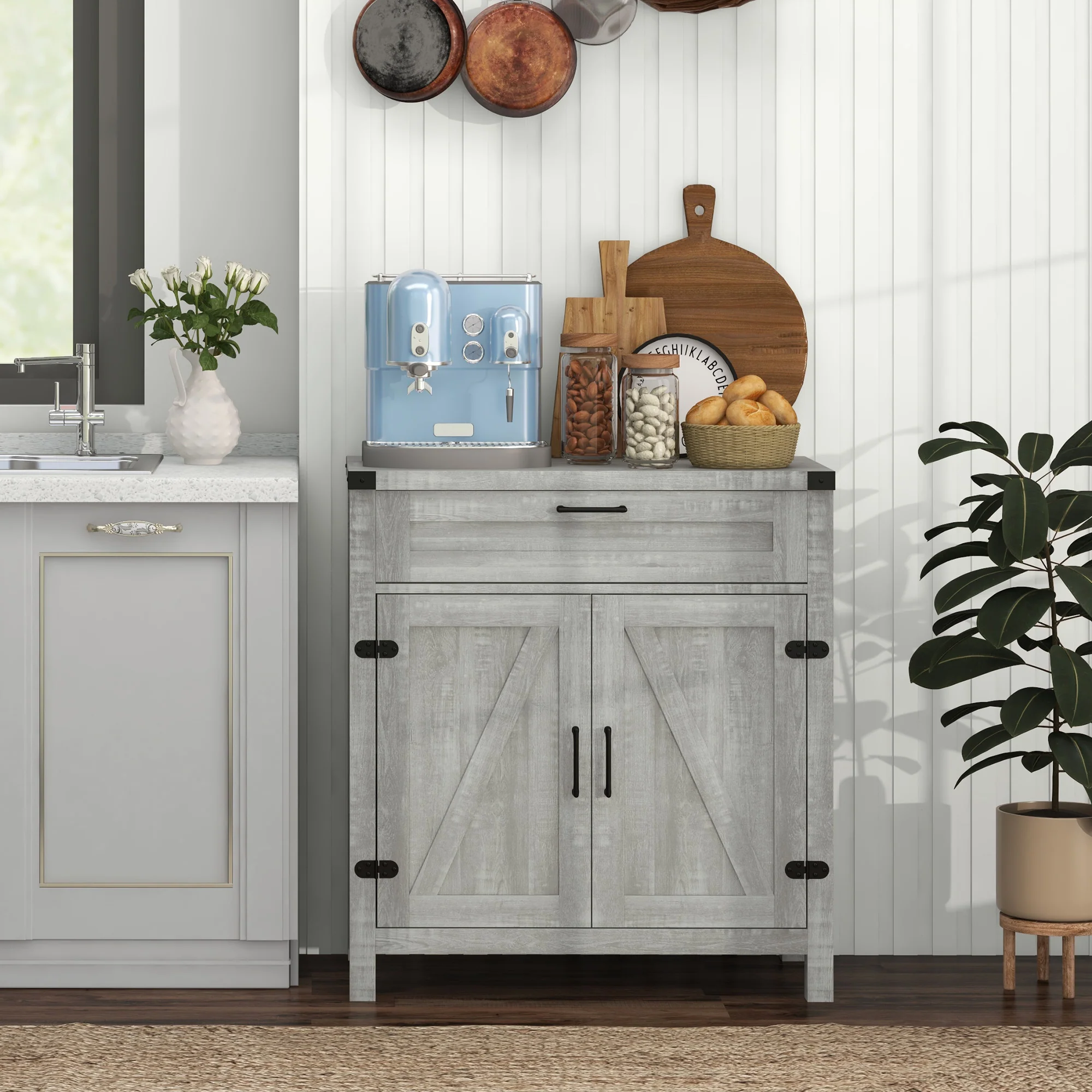 Farmhouse Sideboard with Rustic Barn Door & Drawer, Grey - Image 3