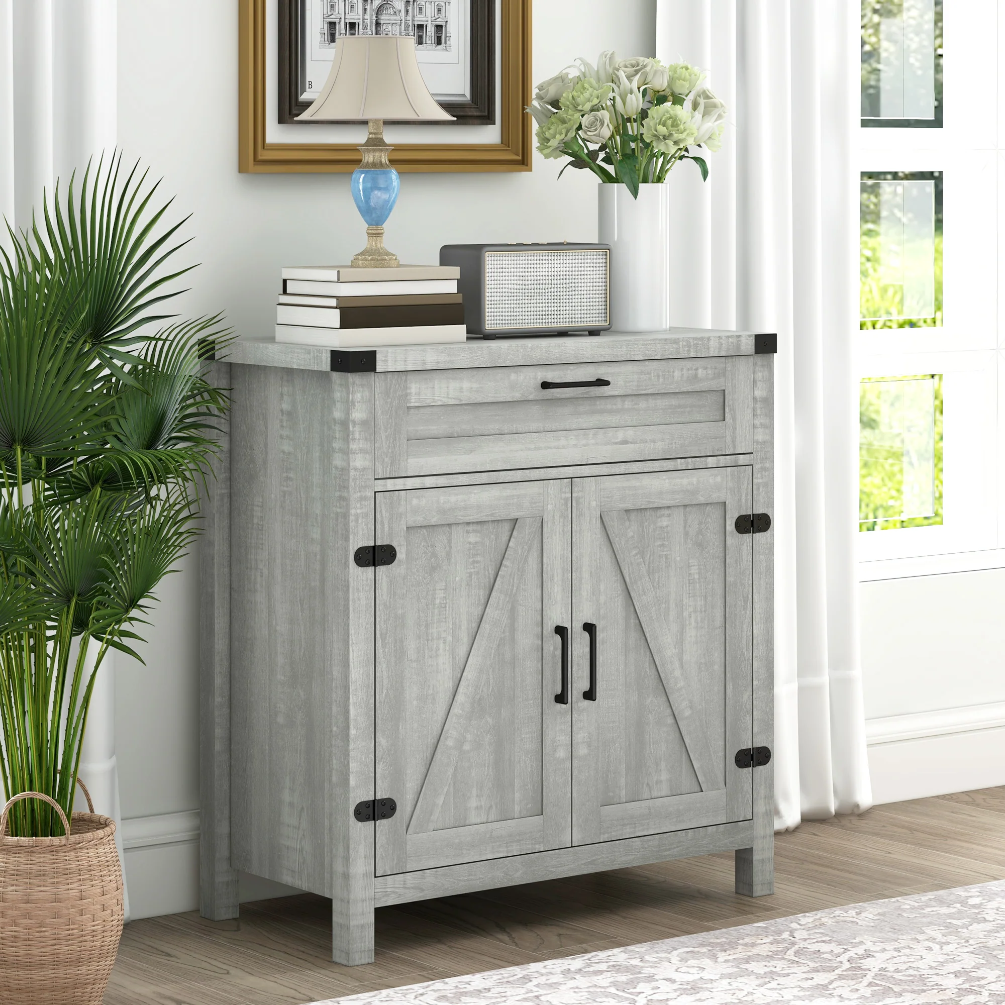 Farmhouse Sideboard with Rustic Barn Door & Drawer, Grey - Image 4