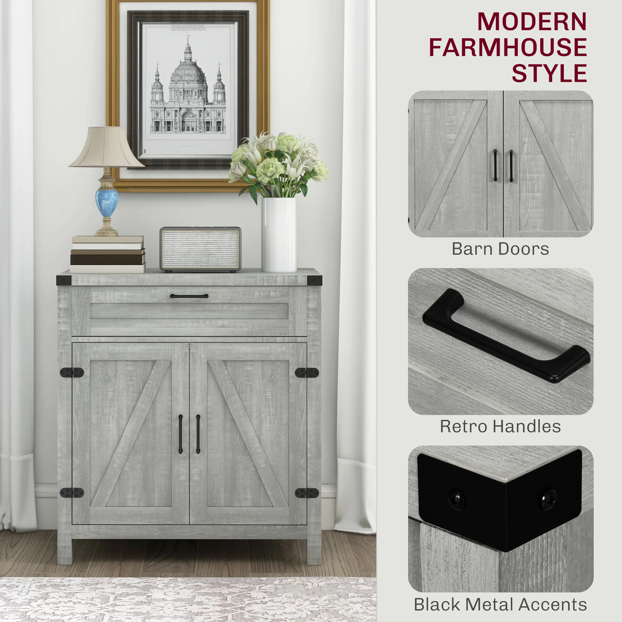 Farmhouse Sideboard with Rustic Barn Door & Drawer, Grey - Image 8
