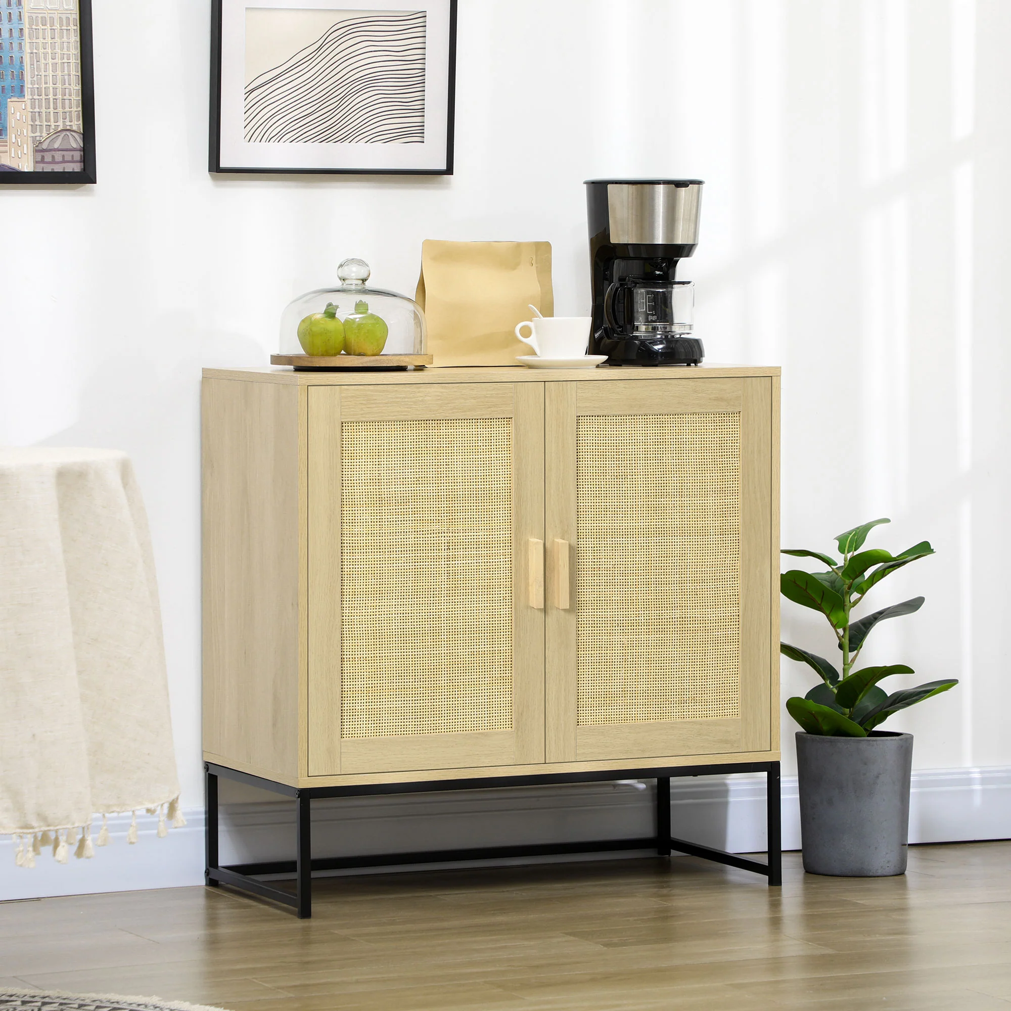 Solace Sideboard Cabinet with Rattan Doors Adjustable Shelf Metal Base Storage Cabinet - Image 3