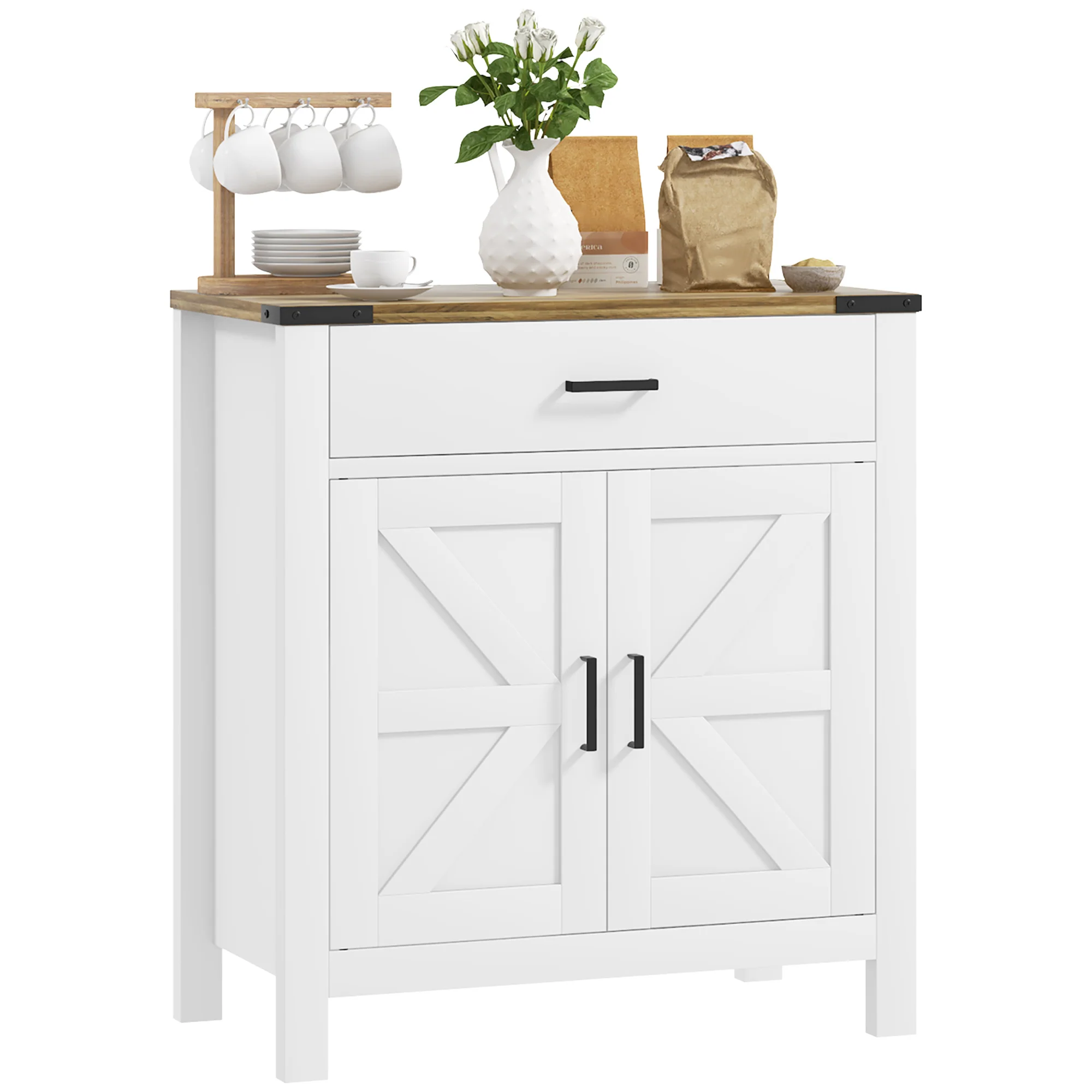 Farmhouse Sideboard with 1 Drawer 1 Cabinet & Barn Door Adjustable Shelf, White