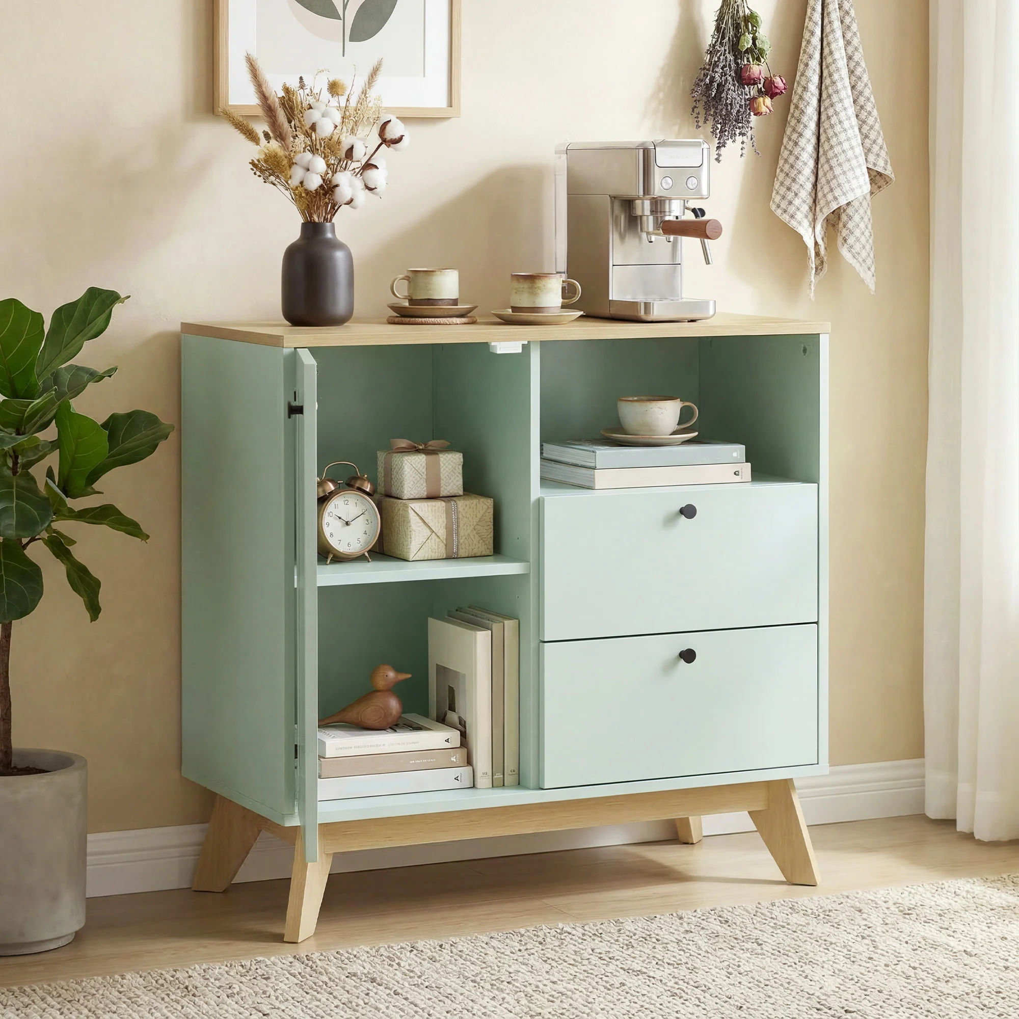 Sideboard Storage Cabinet, 80 cm Modern Buffet Cabinet with Door, 2 Drawers, Open Compartment and Adjustable Shelf for Living Room, Dining Room, Kitchen, Light Green and Oak - Image 4