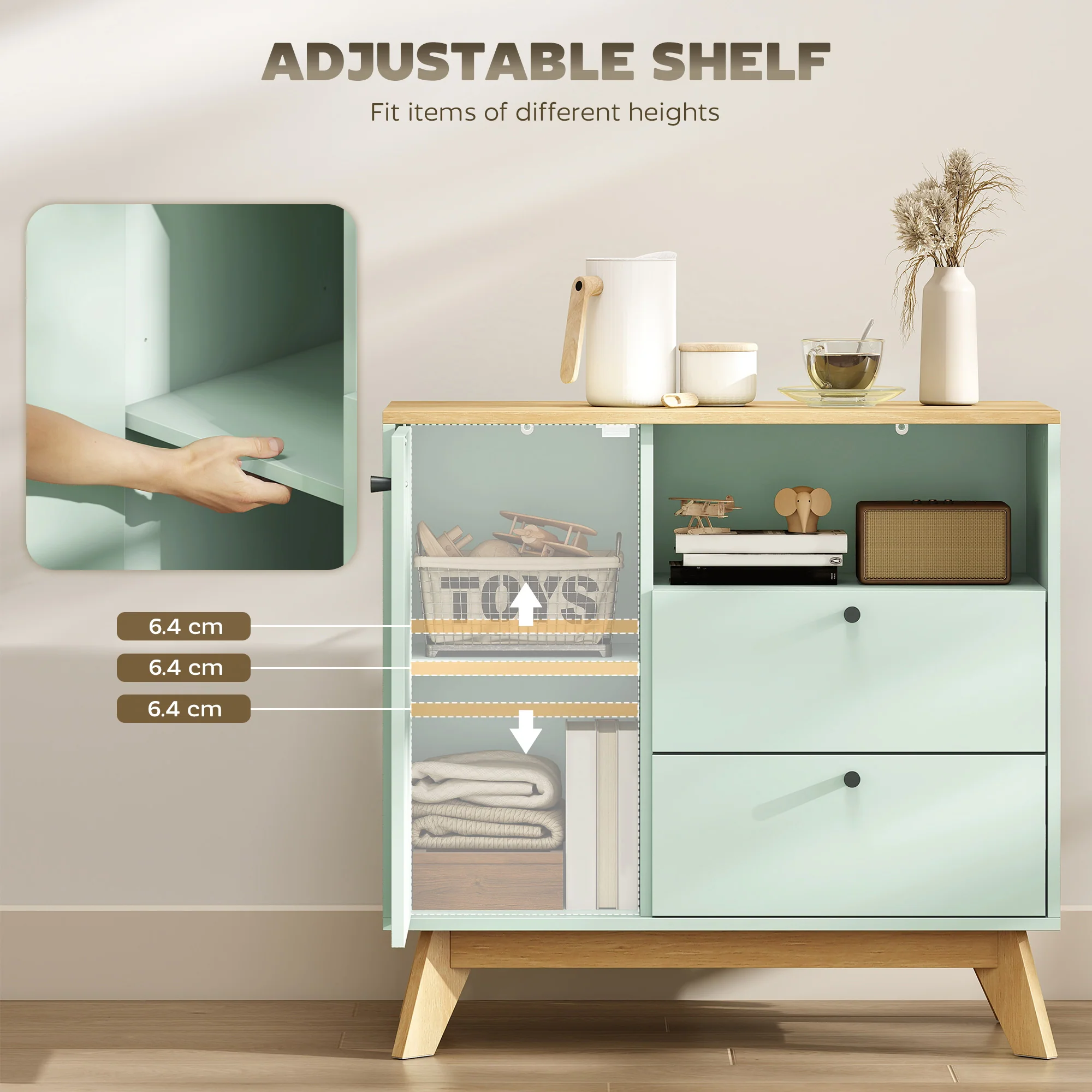 Sideboard Storage Cabinet, 80 cm Modern Buffet Cabinet with Door, 2 Drawers, Open Compartment and Adjustable Shelf for Living Room, Dining Room, Kitchen, Light Green and Oak - Image 7