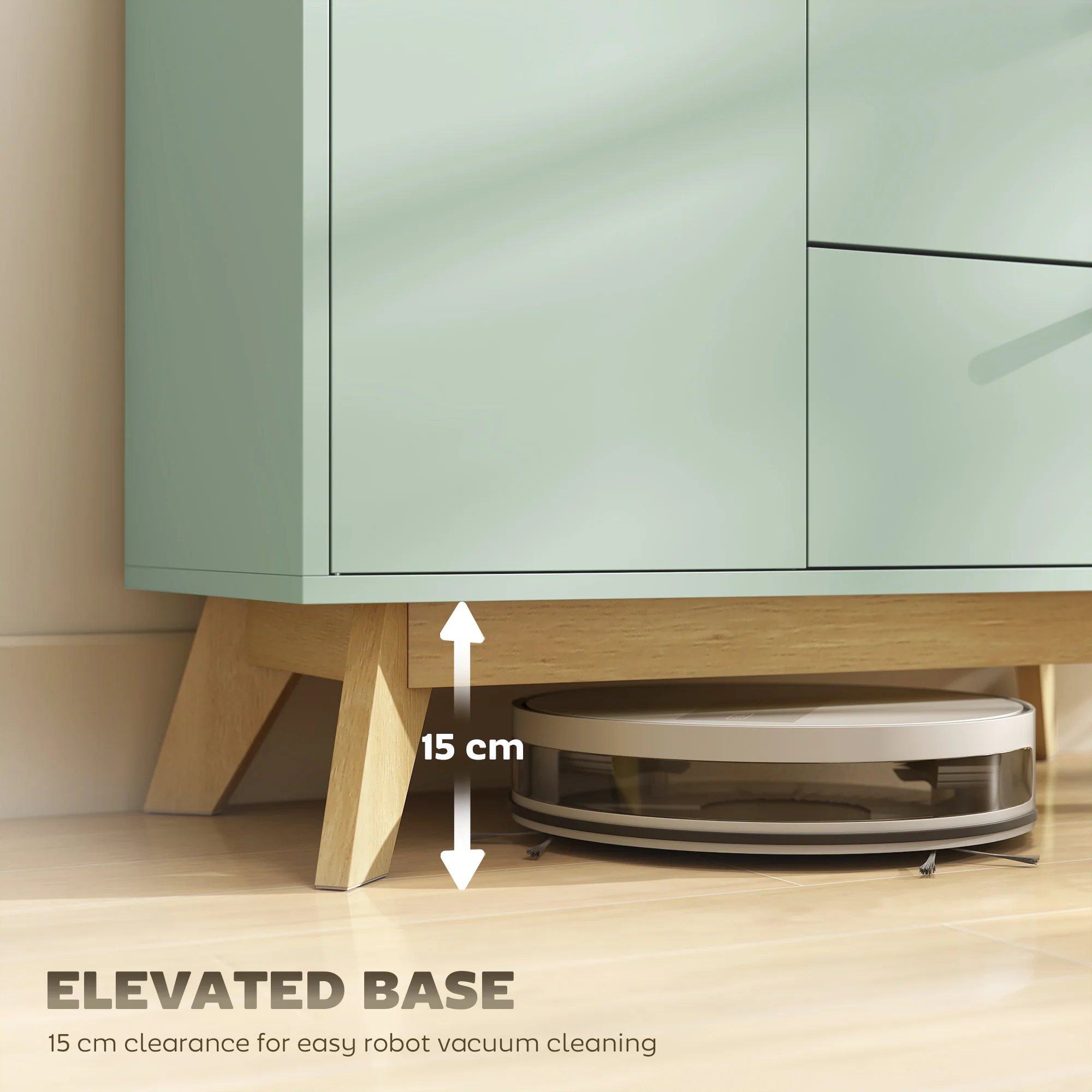 Sideboard Storage Cabinet, 80 cm Modern Buffet Cabinet with Door, 2 Drawers, Open Compartment and Adjustable Shelf for Living Room, Dining Room, Kitchen, Light Green and Oak - Image 9