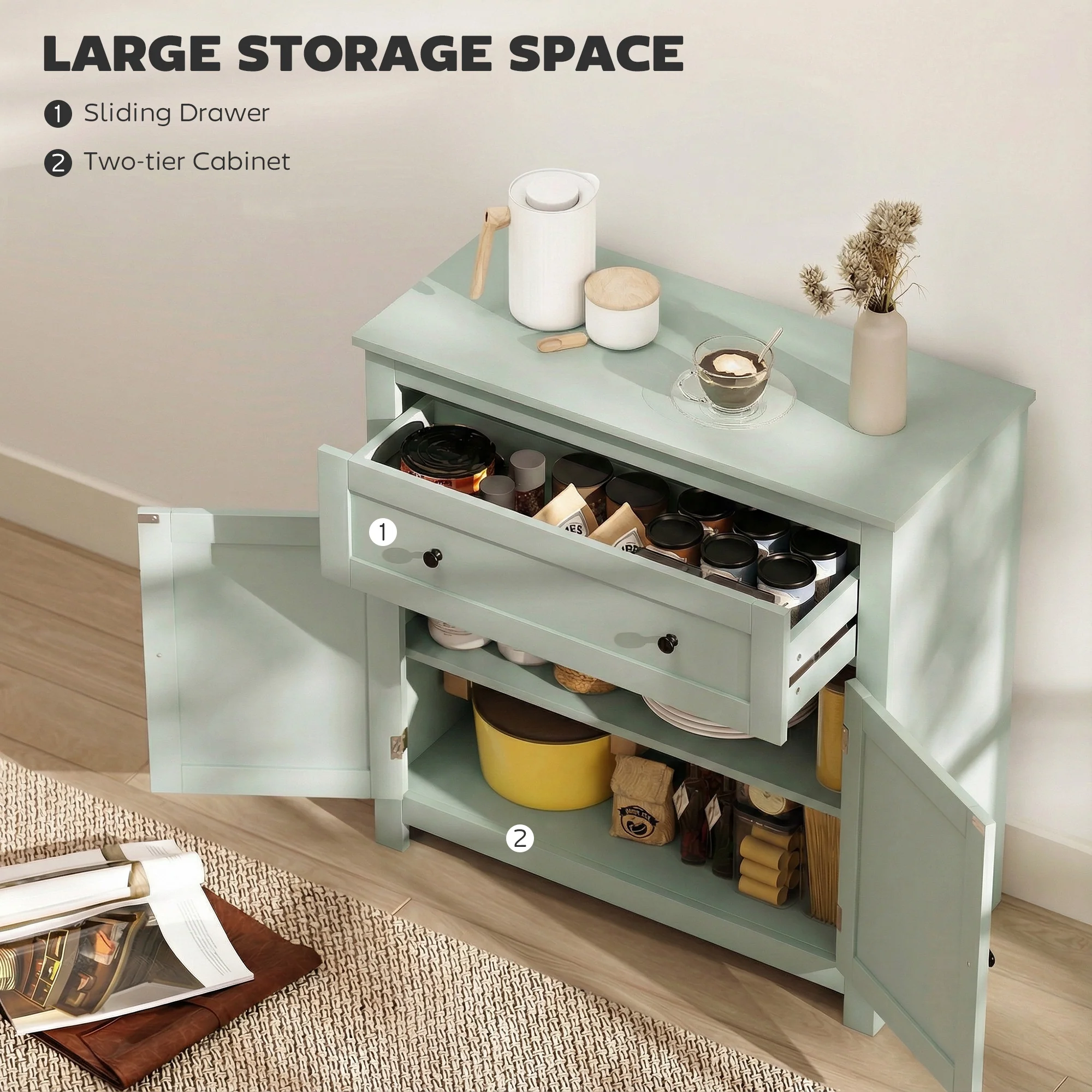 Modern Storage Sideboard with Adjustable Shelves & Drawer for Living Room, Green - Image 6