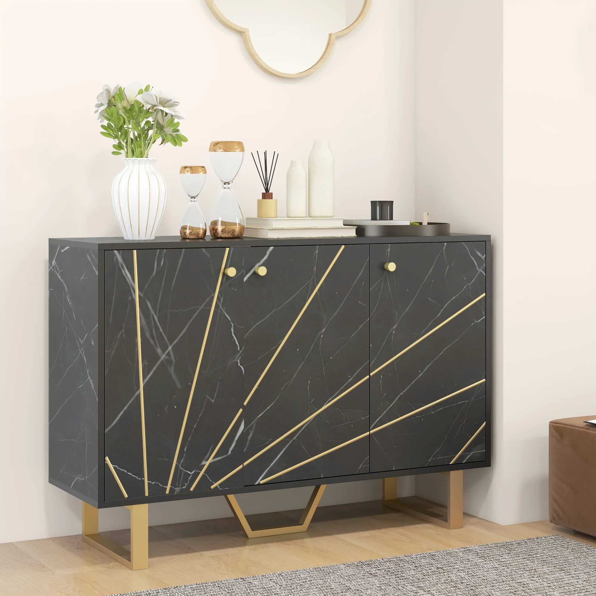 Sideboard Storage Cabinet with Adjustable Shelves and Metal Legs, Black Marble Tone - Image 10