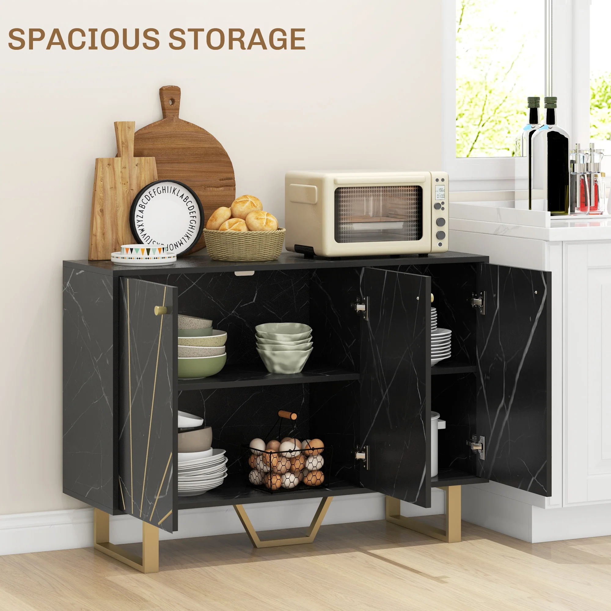 Sideboard Storage Cabinet with Adjustable Shelves and Metal Legs, Black Marble Tone - Image 6