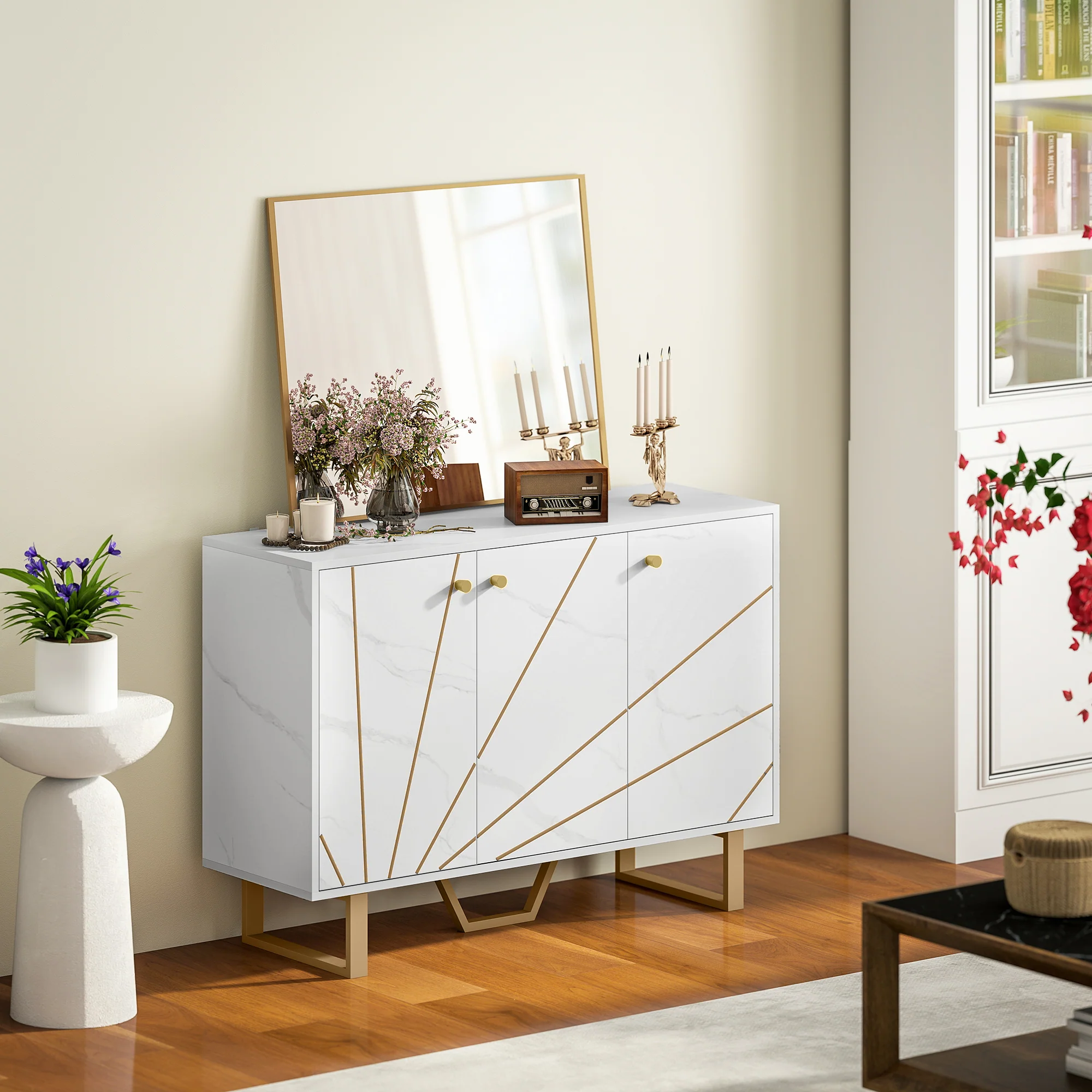 Sideboard Storage Cabinet with Adjustable Shelves and Metal Legs, White Marble Tone - Image 10