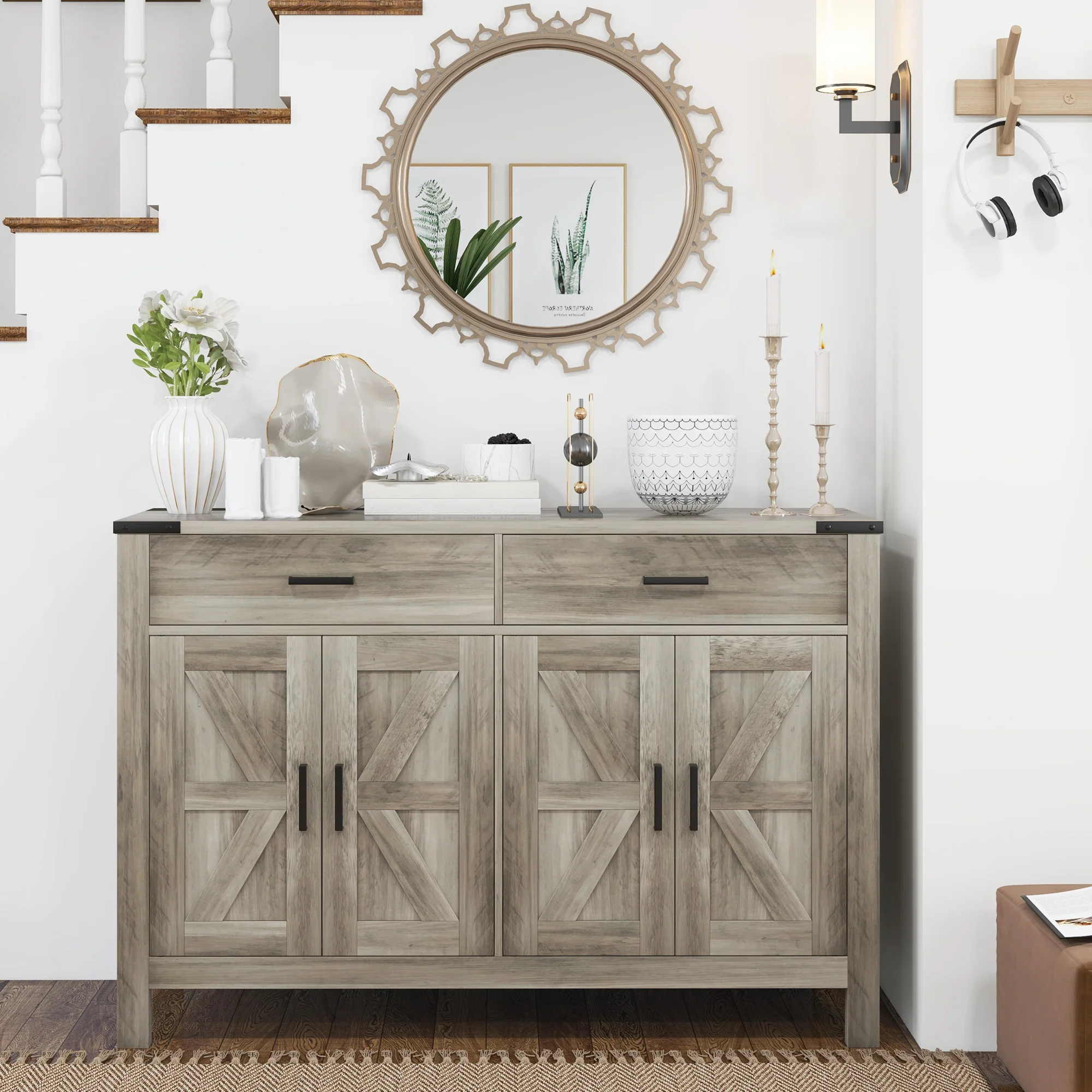 Farmhouse Sideboard with 2 Drawers 2 Cabinets & Barn Doors Adjustable Shelves, Grey - Image 10
