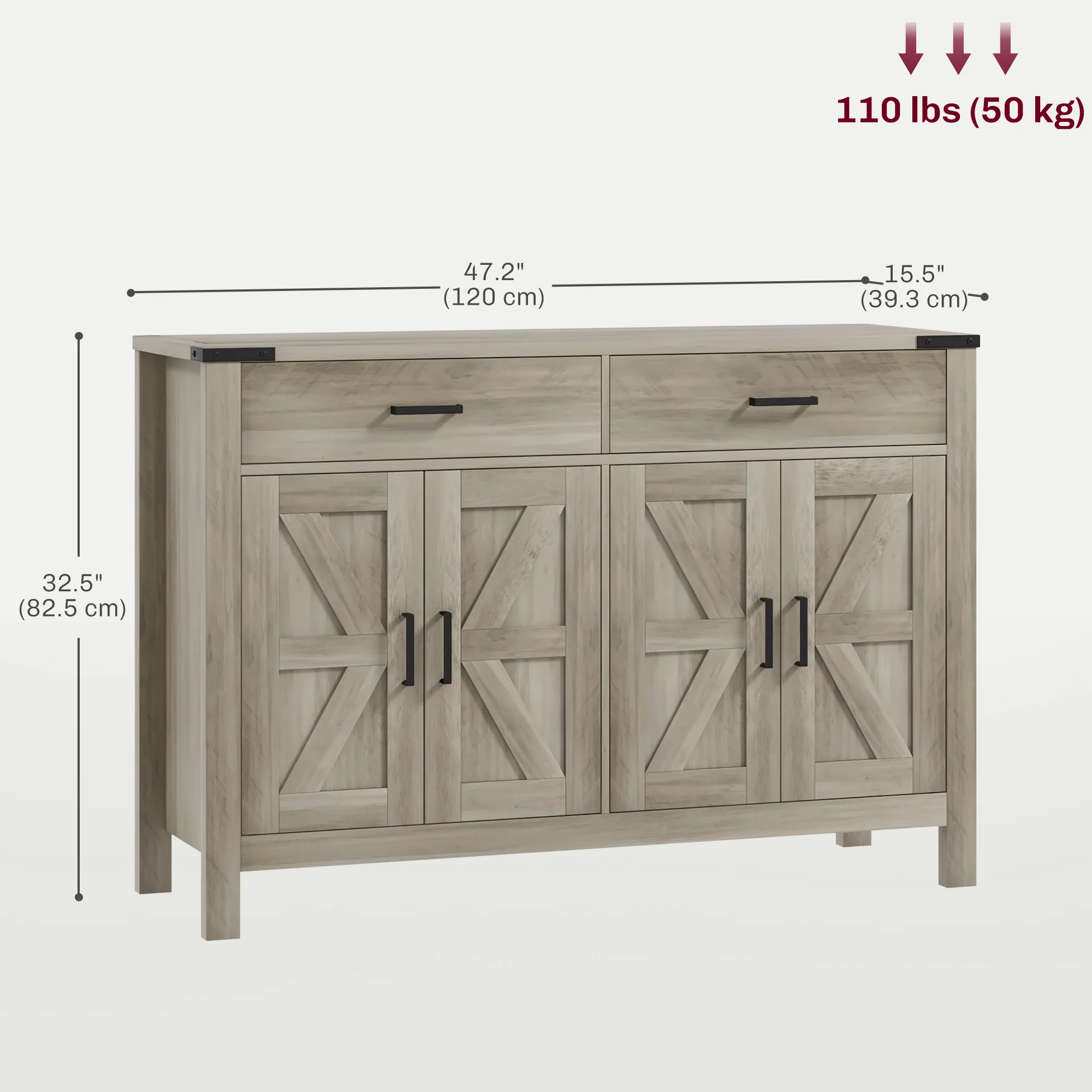 Farmhouse Sideboard with 2 Drawers 2 Cabinets & Barn Doors Adjustable Shelves, Grey - Image 5