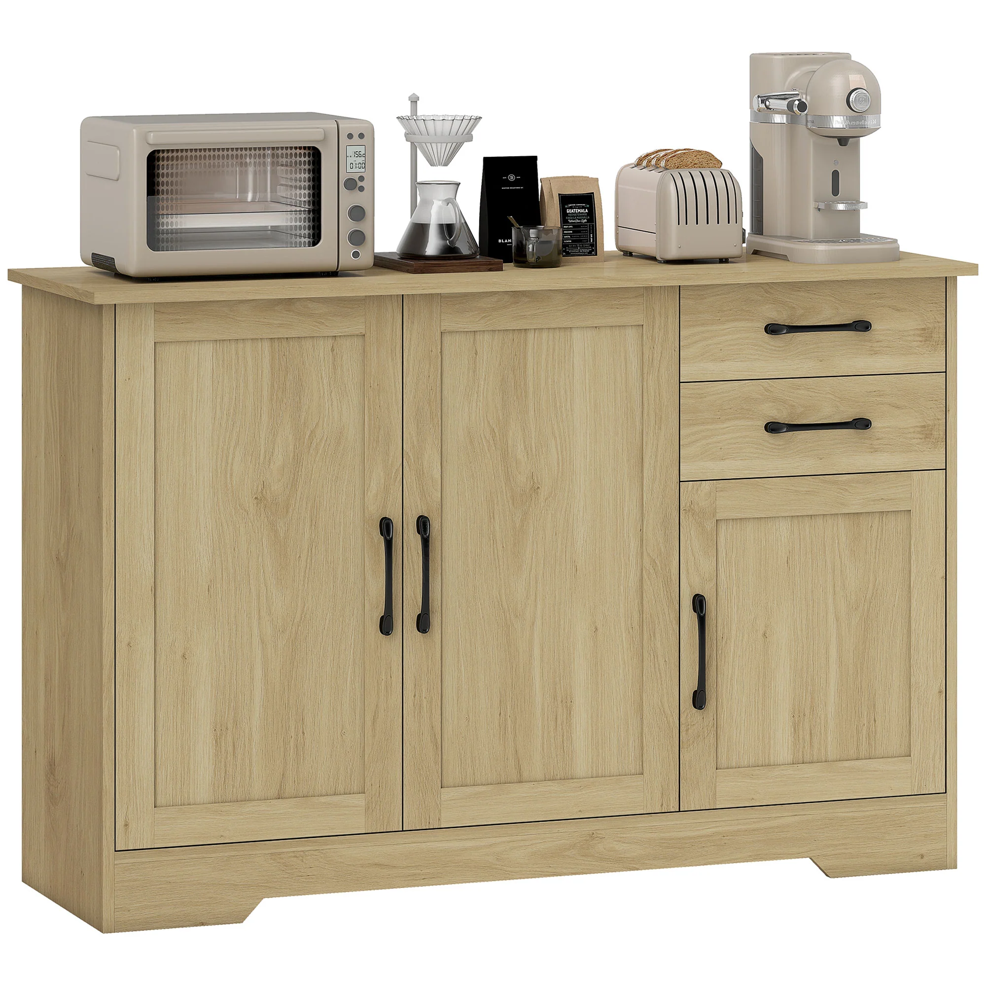Sideboard with Soft-Close Doors, Modern Storage Cabinet, Kitchen Cupboard with 2 Drawers, Adjustable Shelf and 3 Doors for Dining Room, Living Room, Natural Wood Finish