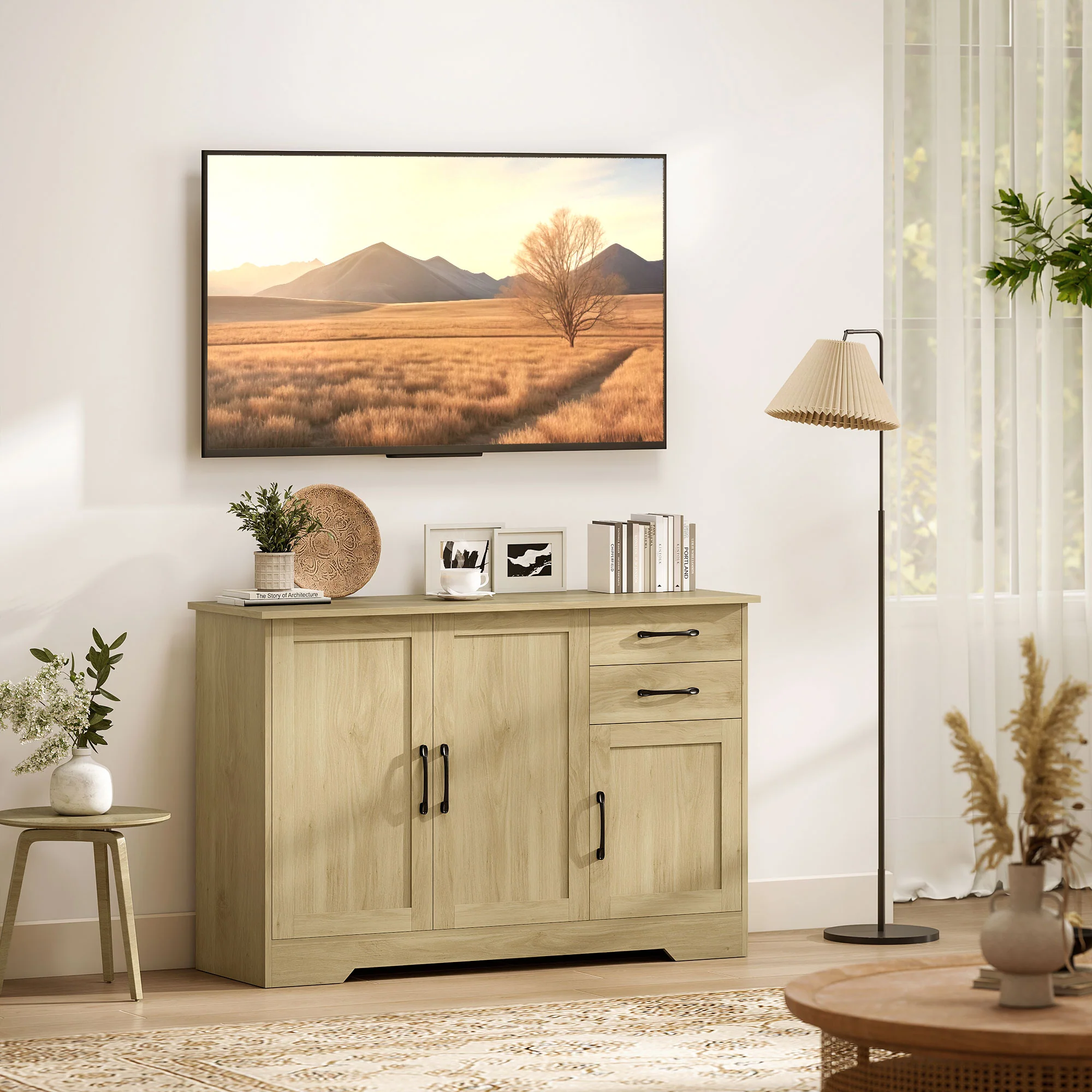 Sideboard with Soft-Close Doors, Modern Storage Cabinet, Kitchen Cupboard with 2 Drawers, Adjustable Shelf and 3 Doors for Dining Room, Living Room, Natural Wood Finish - Image 10