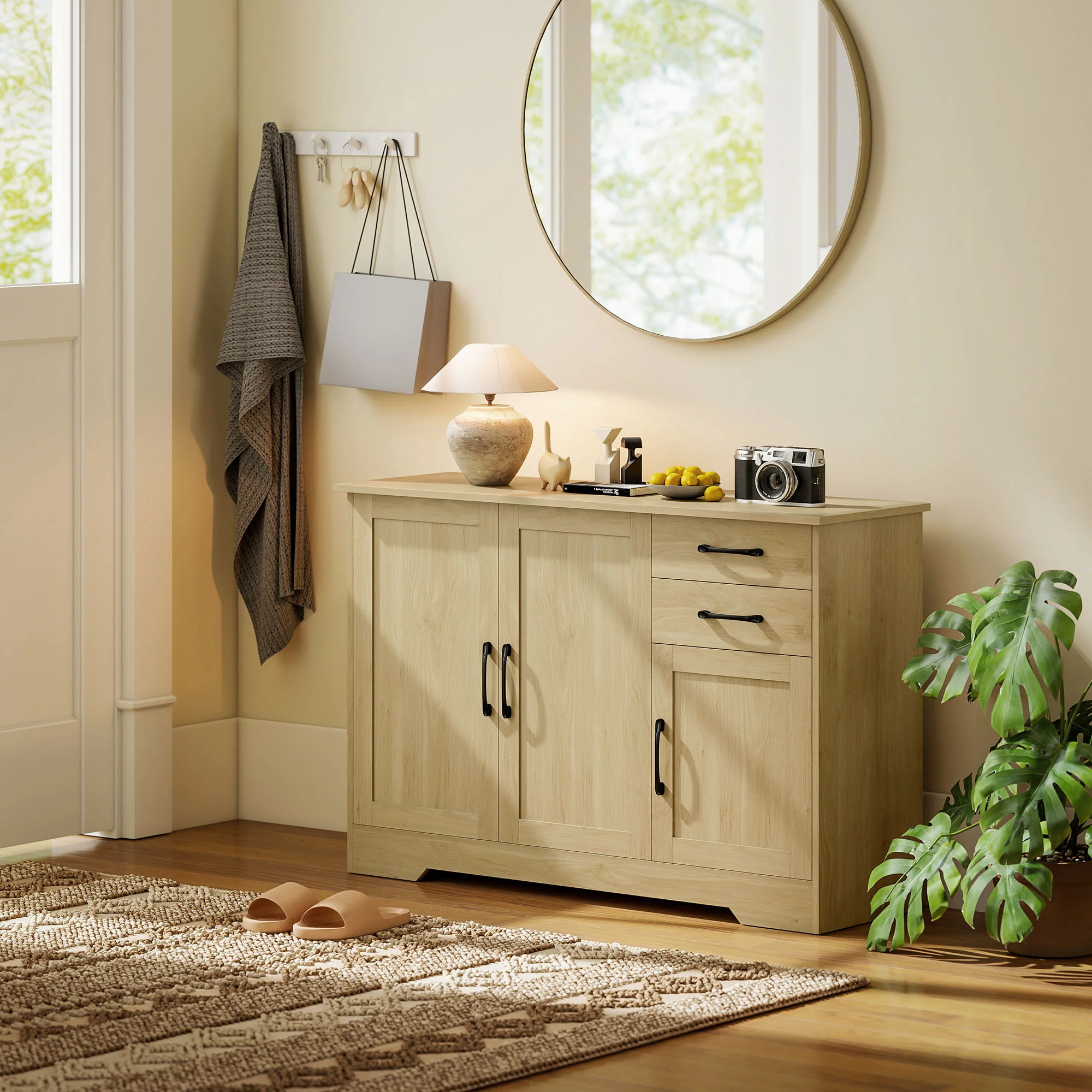 Sideboard with Soft-Close Doors, Modern Storage Cabinet, Kitchen Cupboard with 2 Drawers, Adjustable Shelf and 3 Doors for Dining Room, Living Room, Natural Wood Finish - Image 11