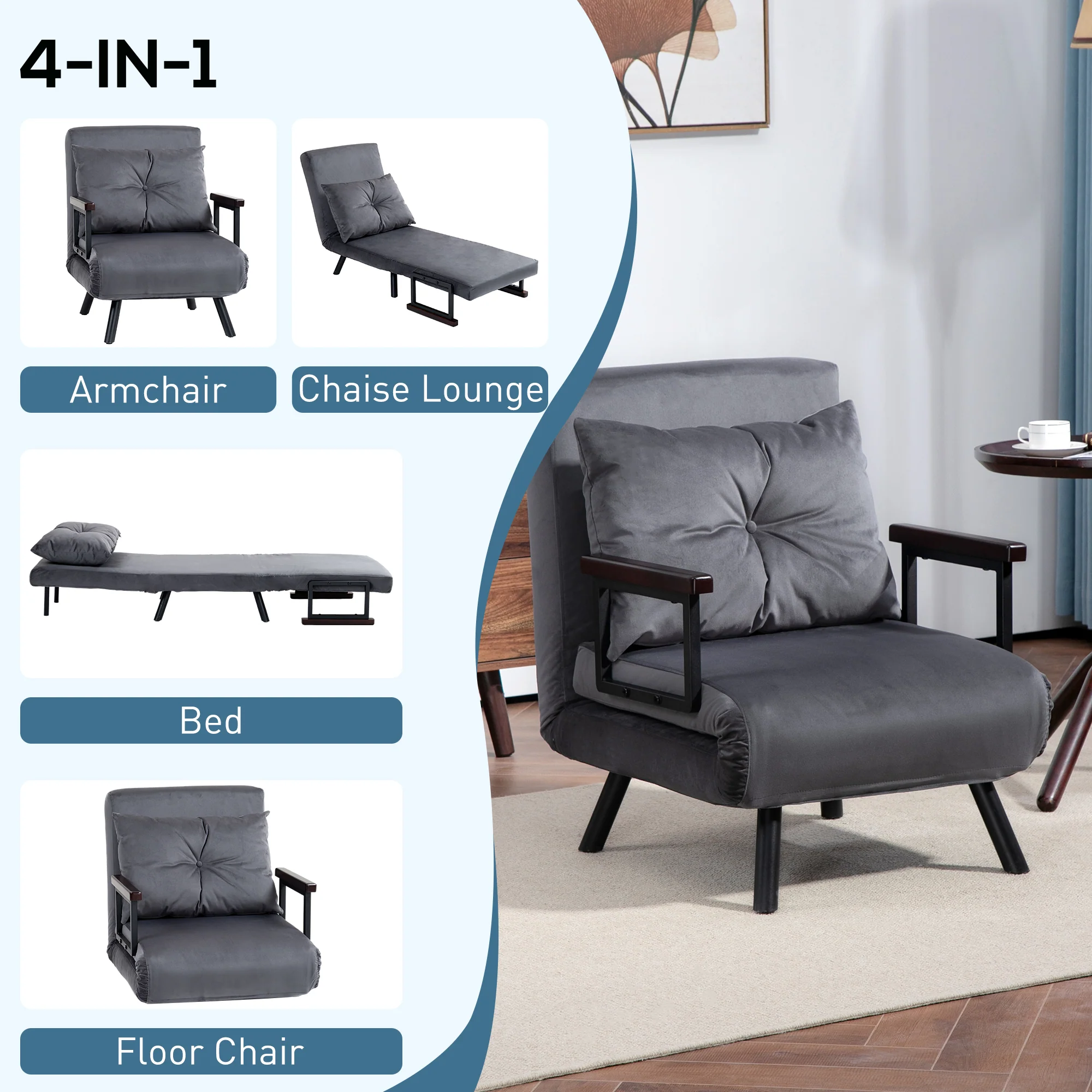 Click Clack Convertible Chair Bed, Velvet Feel Fabric Chair with Cushion, Wood Armrests, Charcoal Grey - Image 6