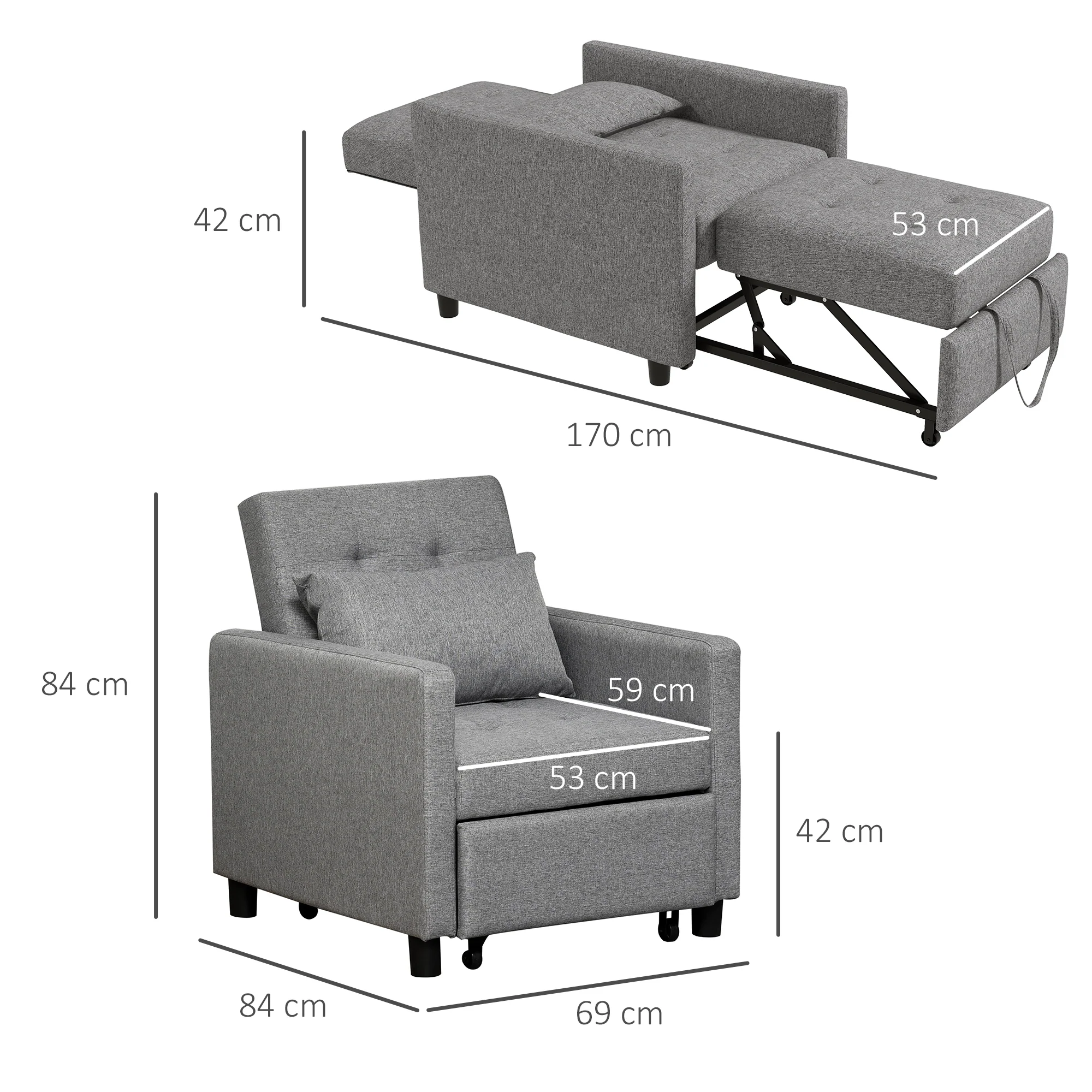 Convertible Single Sofa Bed, 3-In-1 Pull Out Chair Bed with Adjustable Backrest, Grey - Image 5