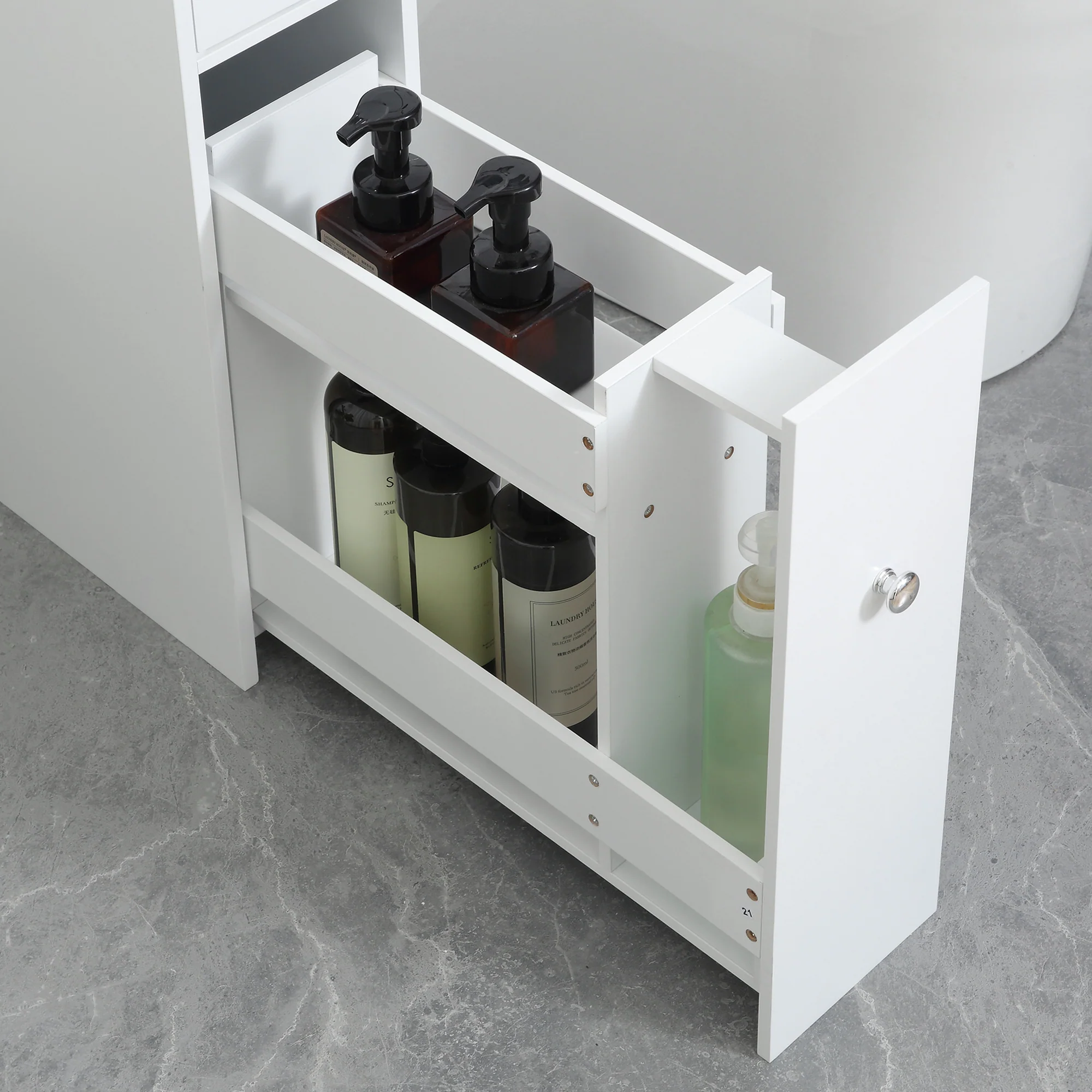 Narrow Bathroom Cabinet w/ Drawers & Hidden Storage, Slim Toilet Paper Cabinet, White - Image 11