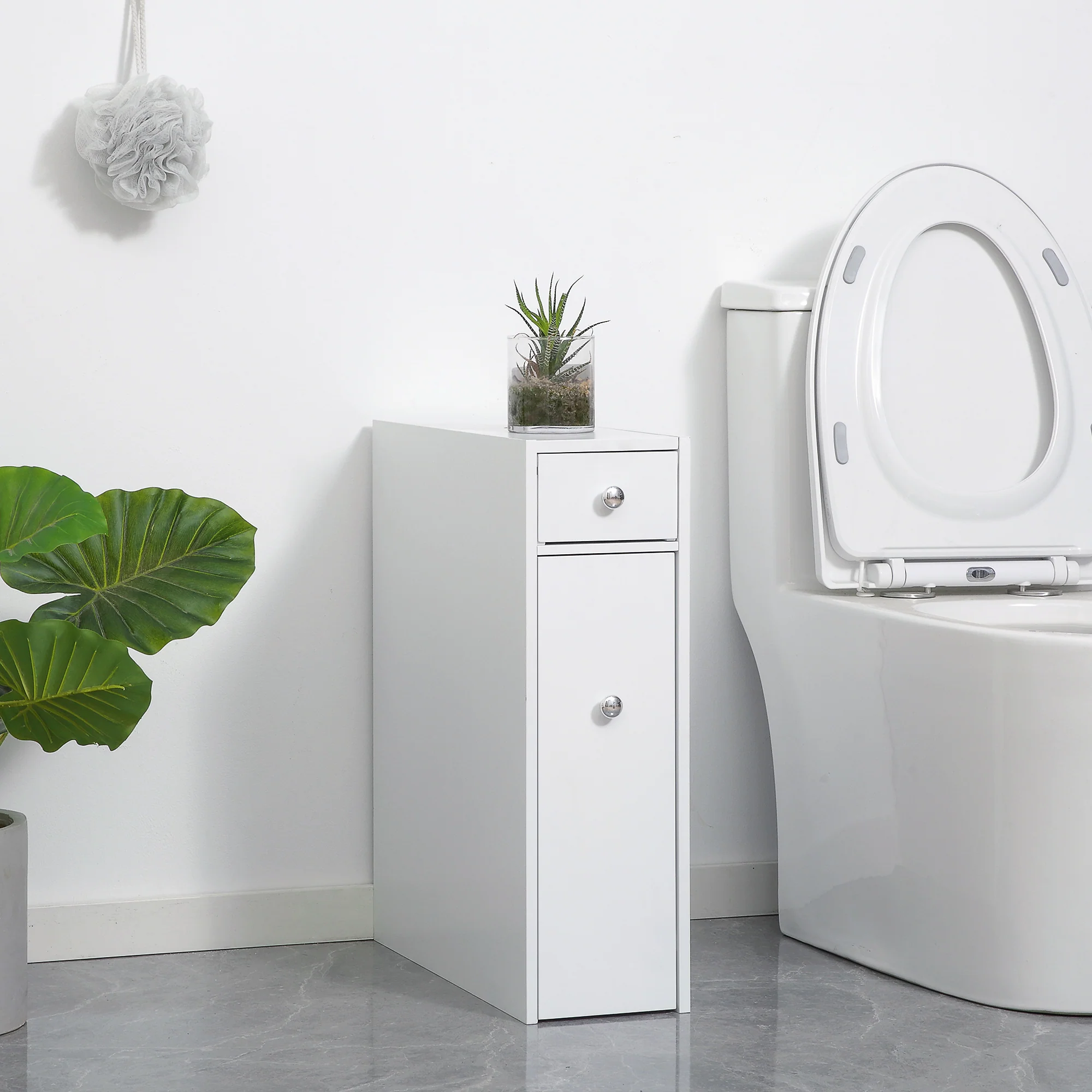 Narrow Bathroom Cabinet w/ Drawers & Hidden Storage, Slim Toilet Paper Cabinet, White - Image 3