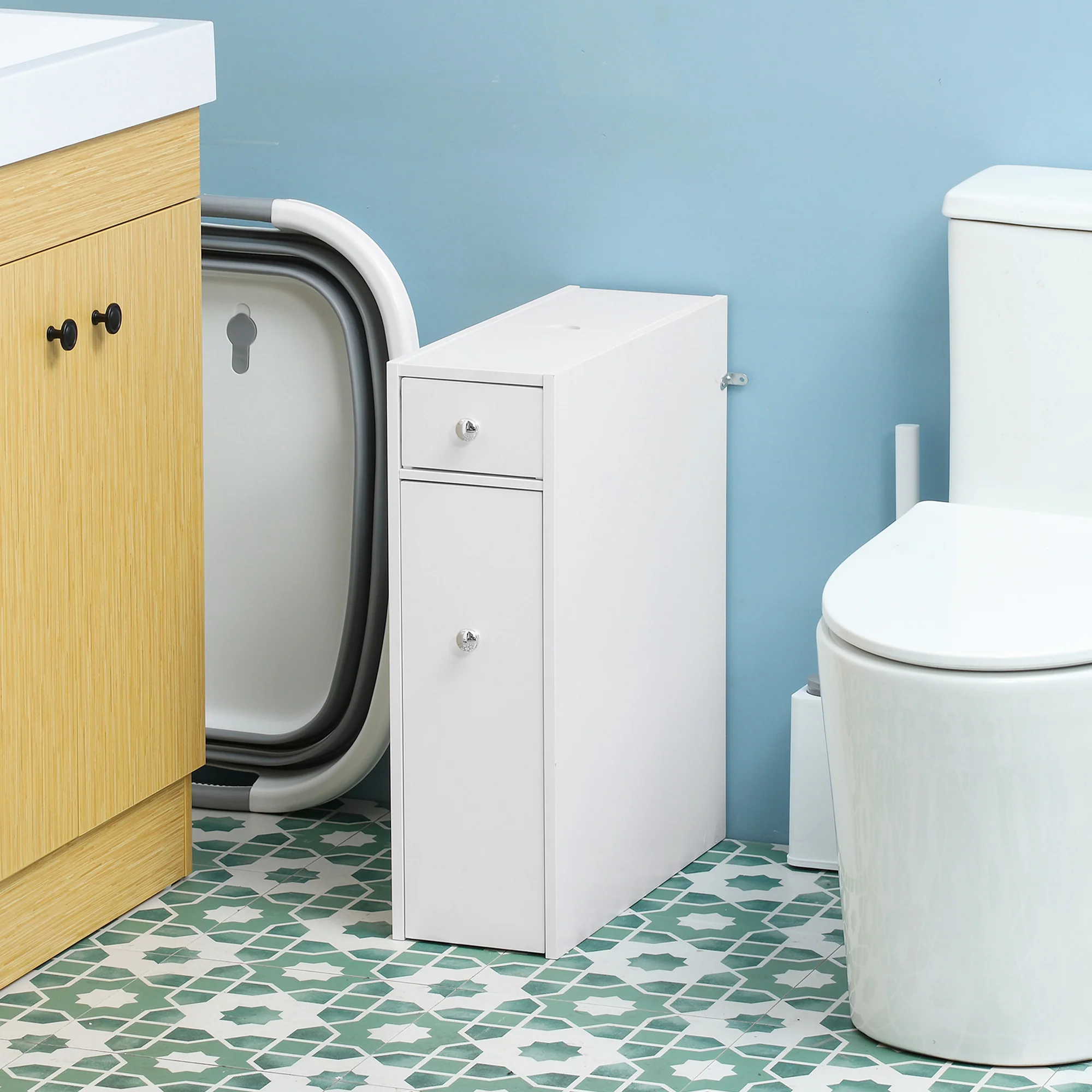Narrow Bathroom Cabinet w/ Drawers & Hidden Storage, Slim Toilet Paper Cabinet, White - Image 4