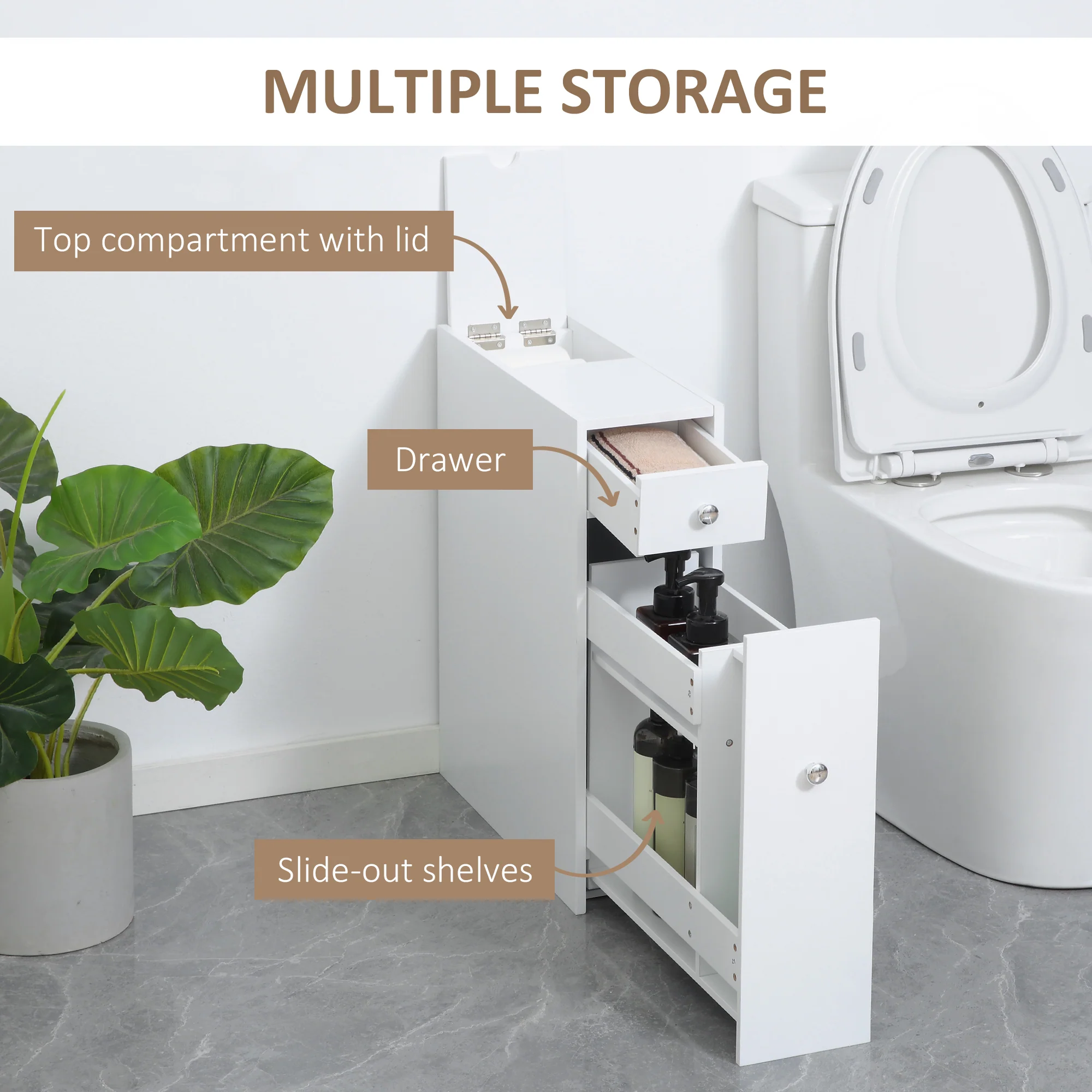 Narrow Bathroom Cabinet w/ Drawers & Hidden Storage, Slim Toilet Paper Cabinet, White - Image 7