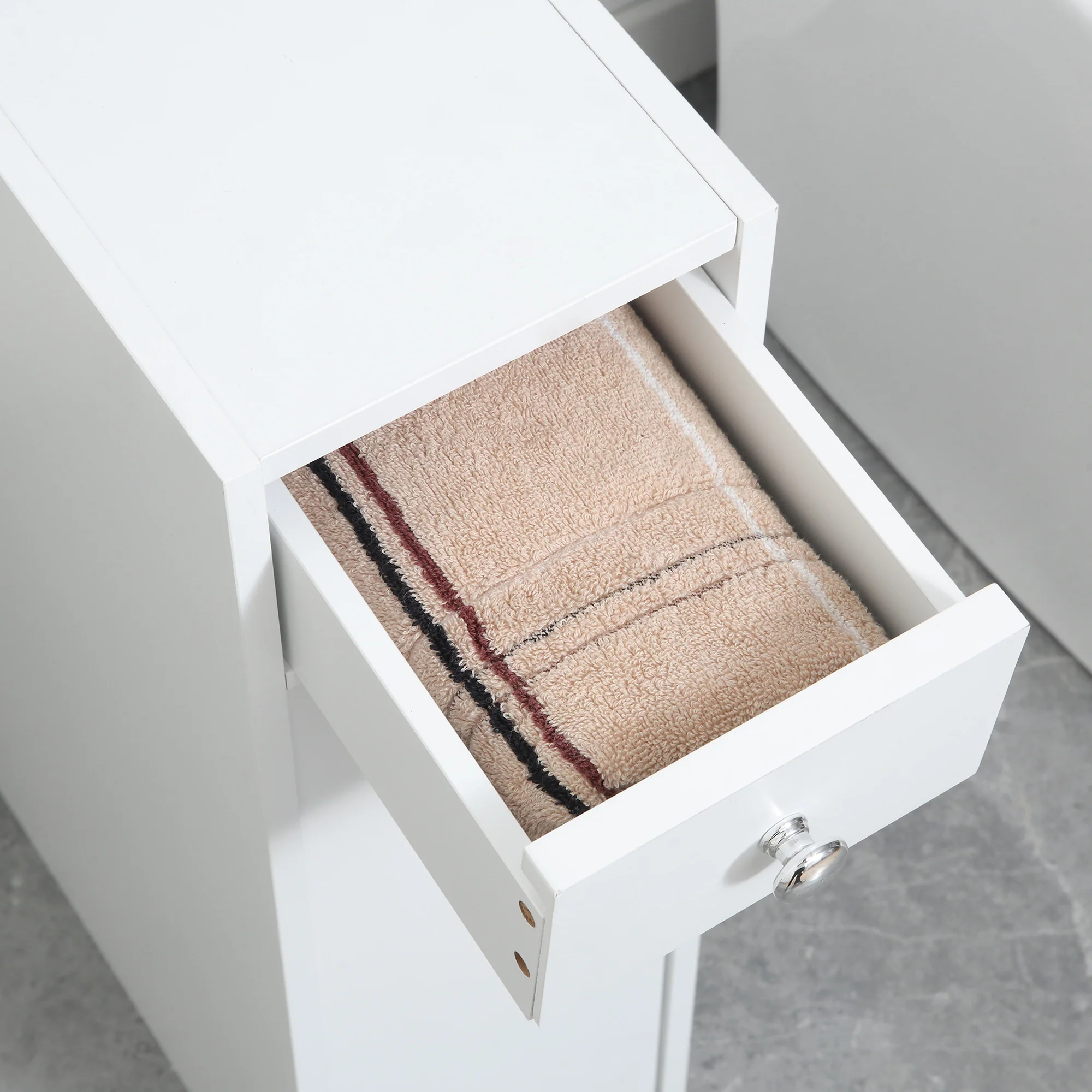 Narrow Bathroom Cabinet w/ Drawers & Hidden Storage, Slim Toilet Paper Cabinet, White - Image 9