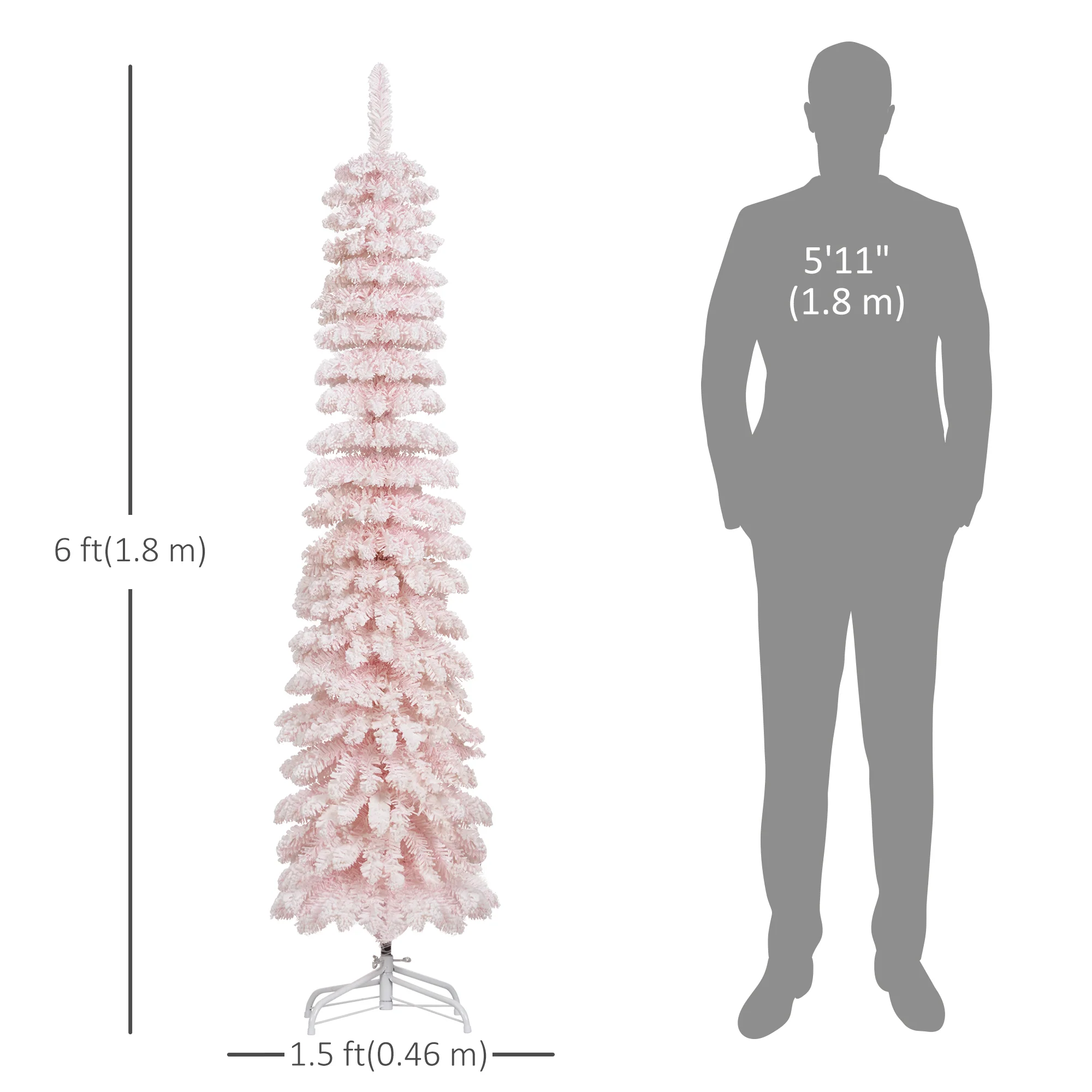 6ft Snow-Flocked Artificial Christmas Tree, Slim Pencil Xmas Tree with Metal Base, Pink - Image 5