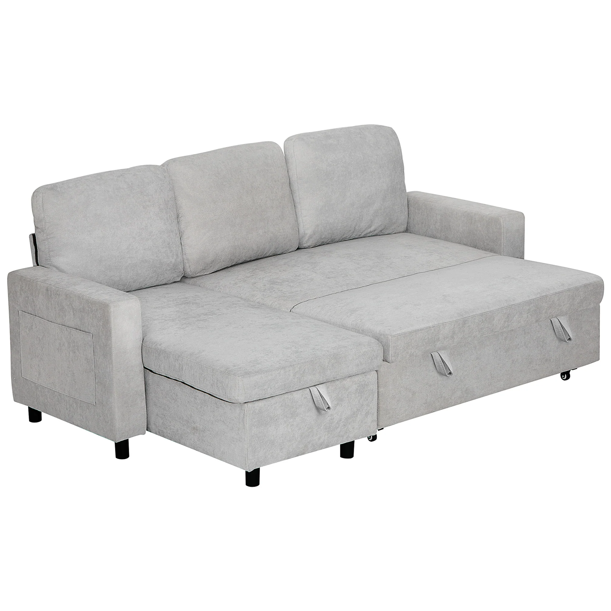 Sofa Bed with Storage, Convertible L Shaped Corner Sofa, 3 Seater Pull Out Sofa Bed with Reversible Chaise, Side Pockets for Living Room, Bedroom, Small Spaces, Light Grey - Image 2