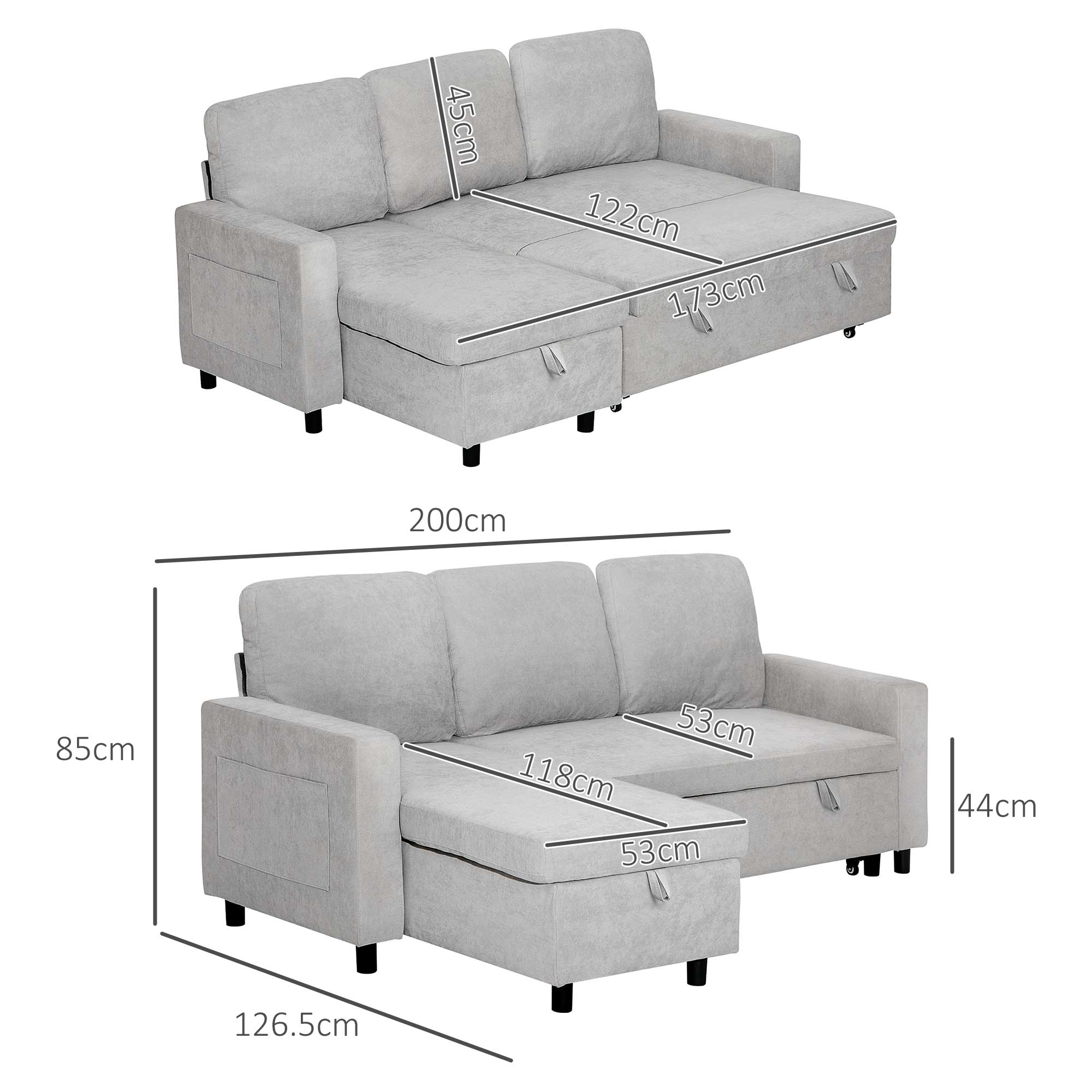 Sofa Bed with Storage, Convertible L Shaped Corner Sofa, 3 Seater Pull Out Sofa Bed with Reversible Chaise, Side Pockets for Living Room, Bedroom, Small Spaces, Light Grey - Image 5