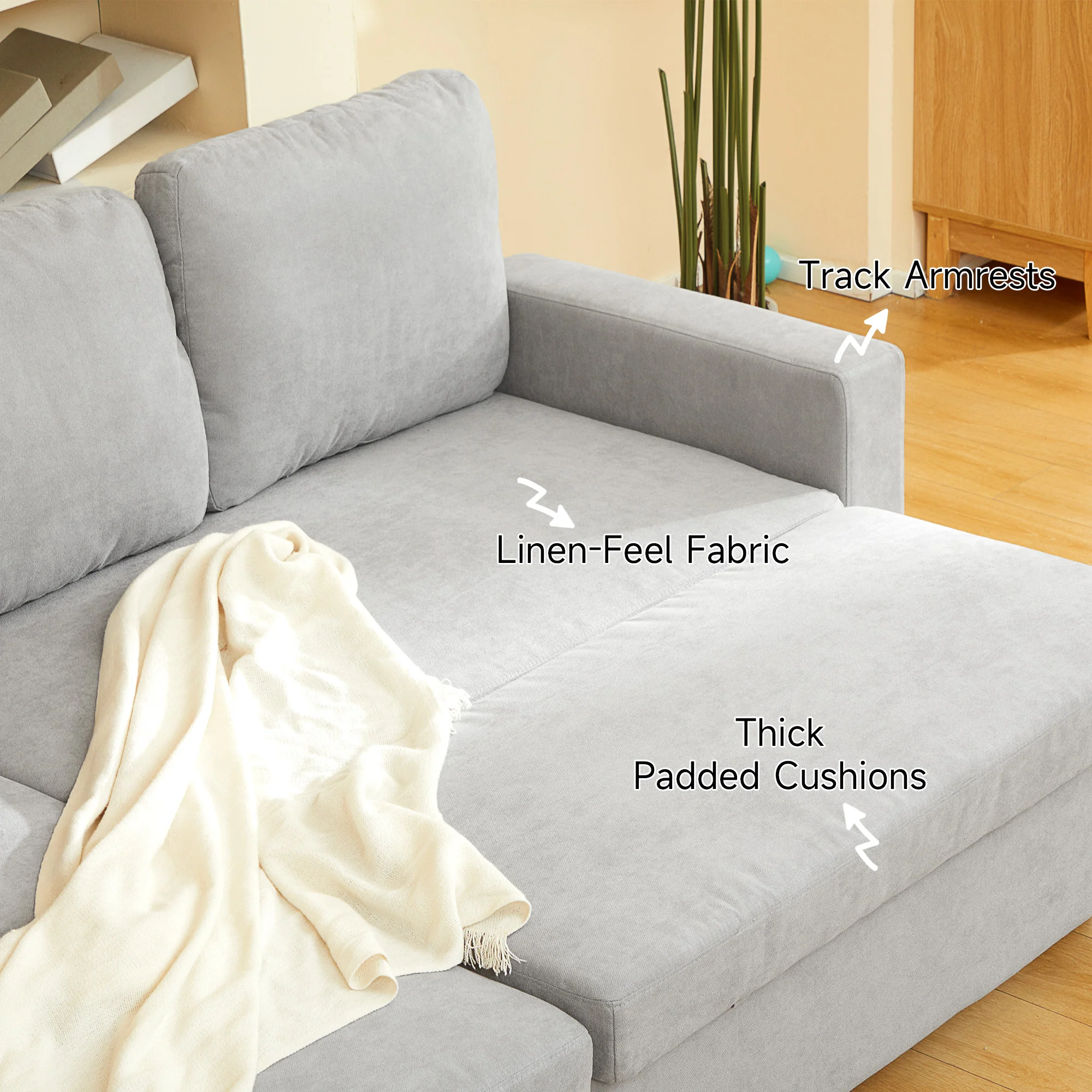 Sofa Bed with Storage, Convertible L Shaped Corner Sofa, 3 Seater Pull Out Sofa Bed with Reversible Chaise, Side Pockets for Living Room, Bedroom, Small Spaces, Light Grey - Image 9